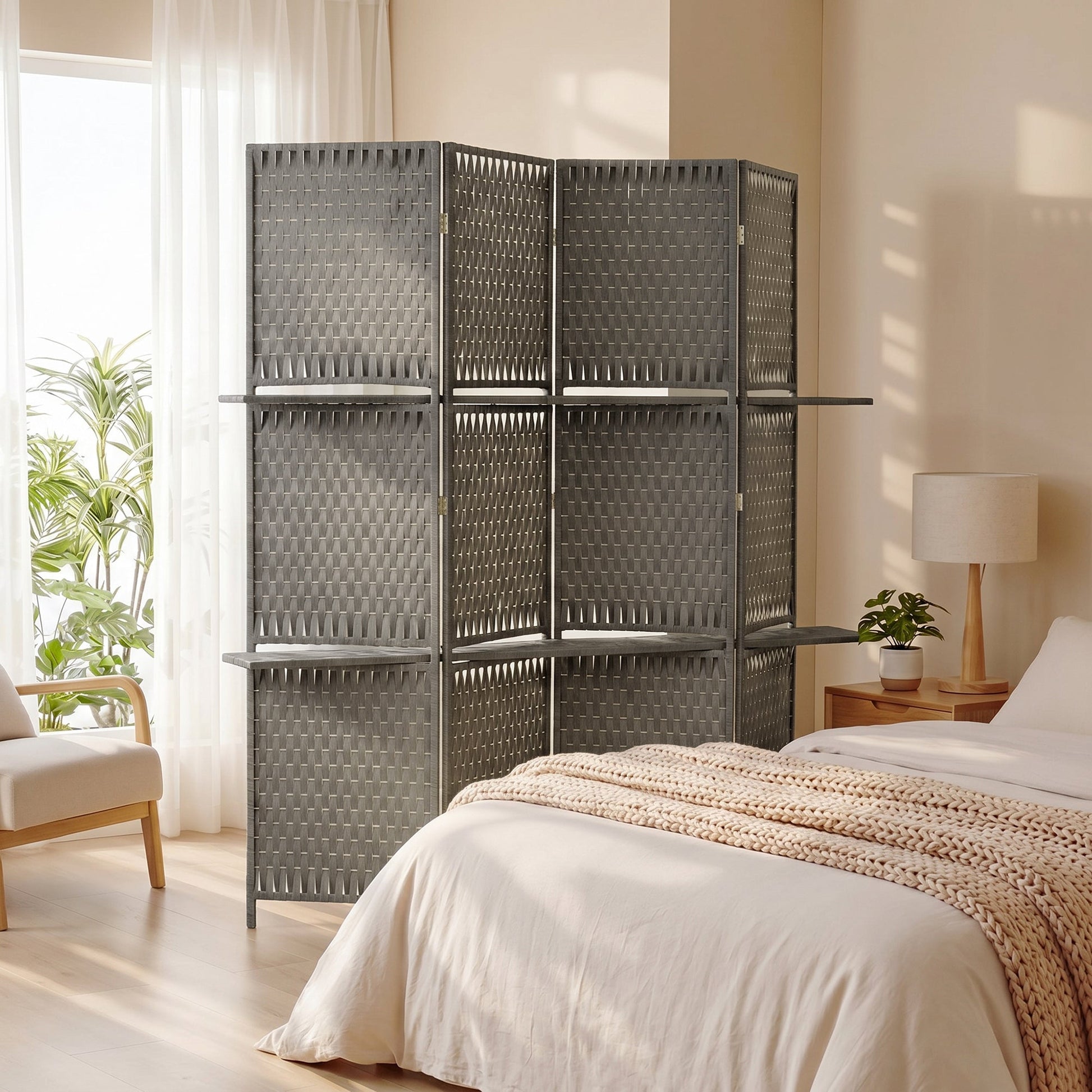 4-Panel Room Divider with Shelves, Wave Fibre Freestanding Folding Privacy Screen Panels, Partition Wall Divider for Indoor Bedroom Office, 180 cm, Grey