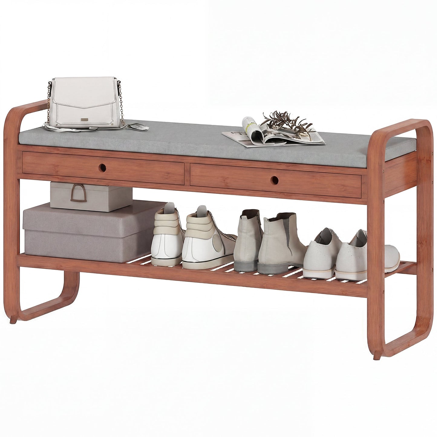 Shoe Bench with 2 Drawers, Shoe Storage Bench with Cushioned Seat, Storage Shelf and Bamboo Frame, 130 kg Weight Capacity, 105 x 33.2 x 55 cm, Dark Brown and Grey