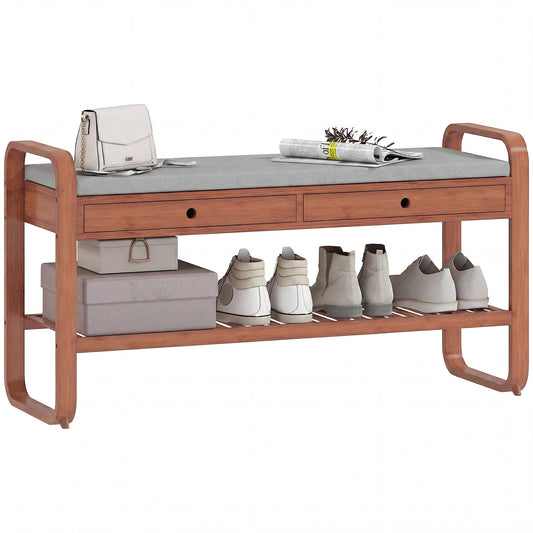 Shoe Bench with 2 Drawers, Shoe Storage Bench with Cushioned Seat, Storage Shelf and Bamboo Frame, 130 kg Weight Capacity, 105 x 33.2 x 55 cm, Dark Brown and Grey
