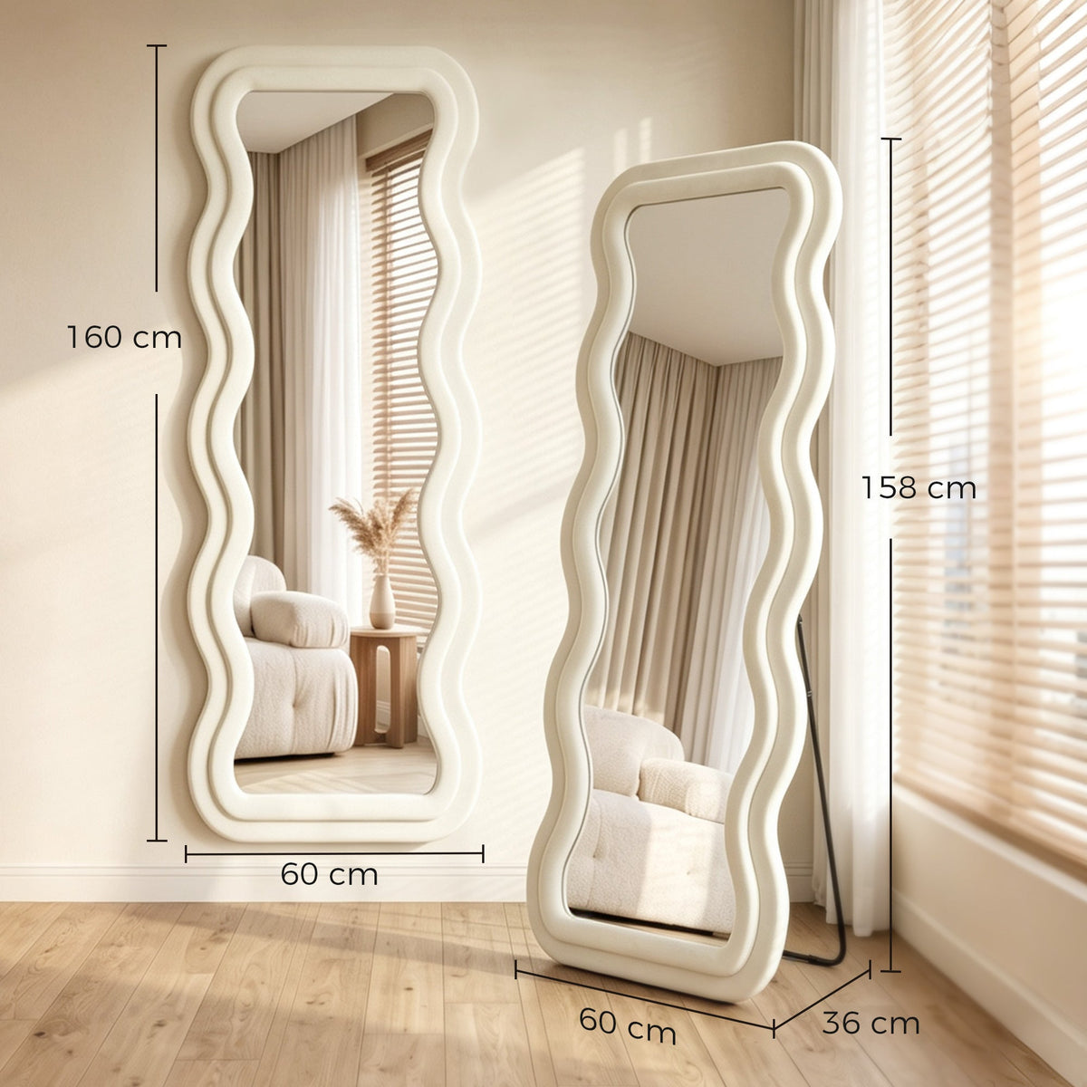 Full Length Mirror, 160 x 60 cm Wavy Large Full Body Standing Mirror with Velvet Frame, HD Tempered Glass, Floor Standing, Wall Hanging or Leaning for Bedroom,  Living Room, Cream White
