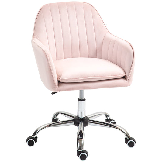 HOMCOM Office Chair, Swivel Desk Chair, Velvet-Feel Fabric Vanity Chair with Adjustable Height and Rolling Wheels for Home Work Study, Pink