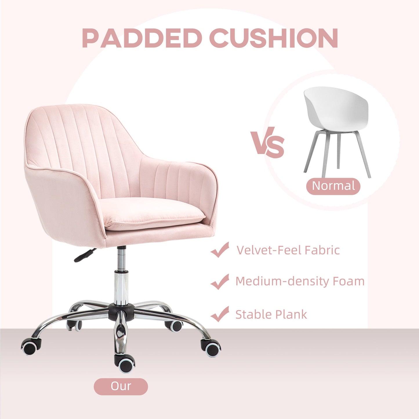 HOMCOM Office Chair, Swivel Desk Chair, Velvet-Feel Fabric Vanity Chair with Adjustable Height and Rolling Wheels for Home Work Study, Pink