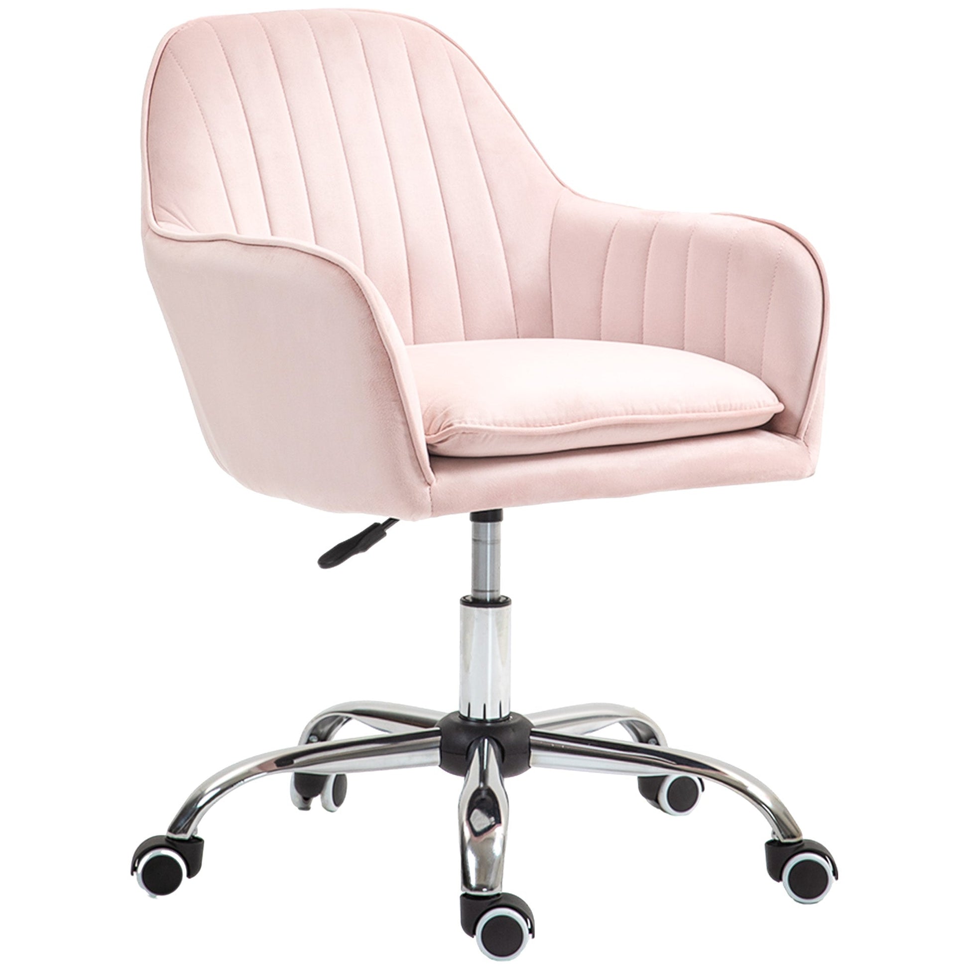 HOMCOM Office Chair, Swivel Desk Chair, Velvet-Feel Fabric Vanity Chair with Adjustable Height and Rolling Wheels for Home Work Study, Pink