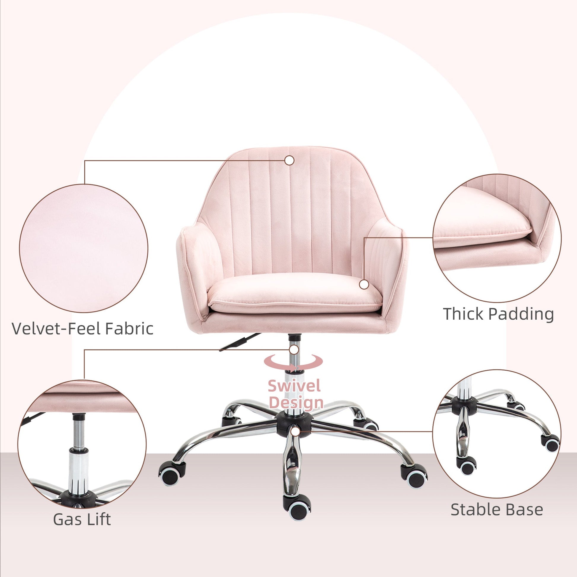 HOMCOM Office Chair, Swivel Desk Chair, Velvet-Feel Fabric Vanity Chair with Adjustable Height and Rolling Wheels for Home Work Study, Pink