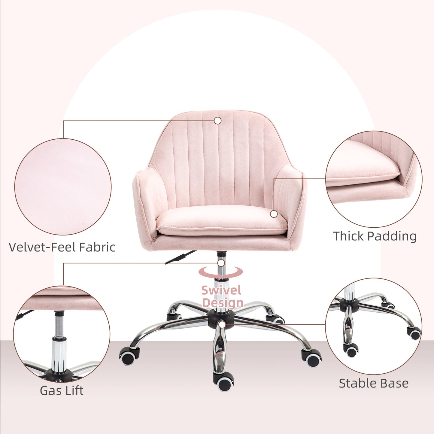 HOMCOM Office Chair, Swivel Desk Chair, Velvet-Feel Fabric Vanity Chair with Adjustable Height and Rolling Wheels for Home Work Study, Pink