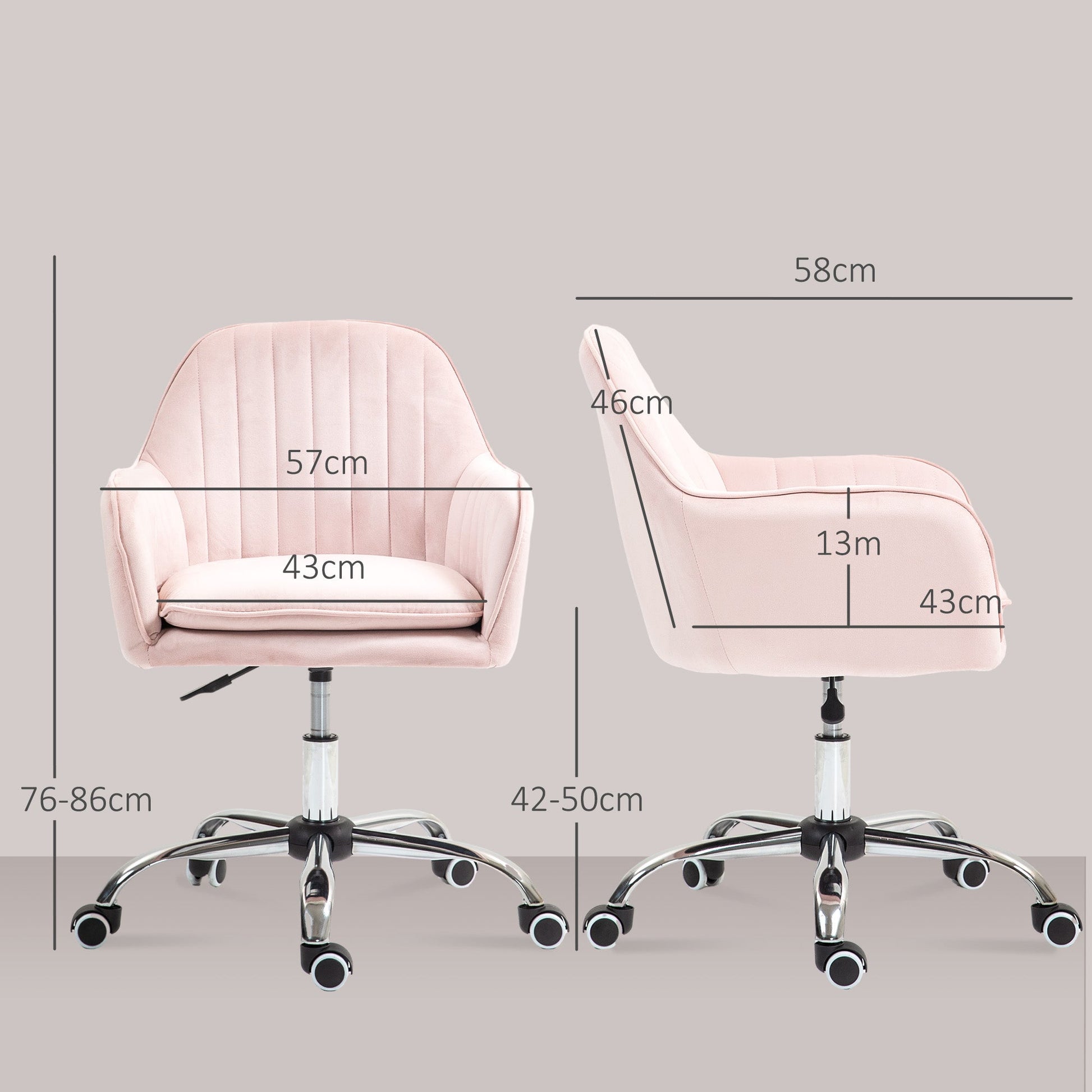 HOMCOM Office Chair, Swivel Desk Chair, Velvet-Feel Fabric Vanity Chair with Adjustable Height and Rolling Wheels for Home Work Study, Pink