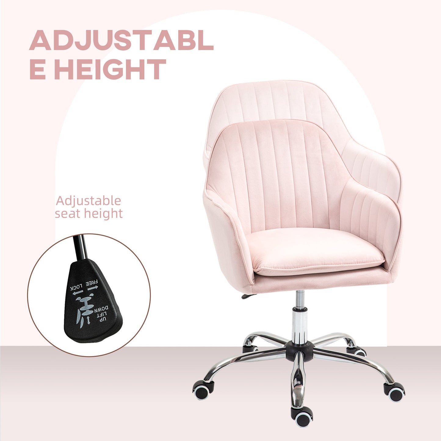 HOMCOM Office Chair, Swivel Desk Chair, Velvet-Feel Fabric Vanity Chair with Adjustable Height and Rolling Wheels for Home Work Study, Pink