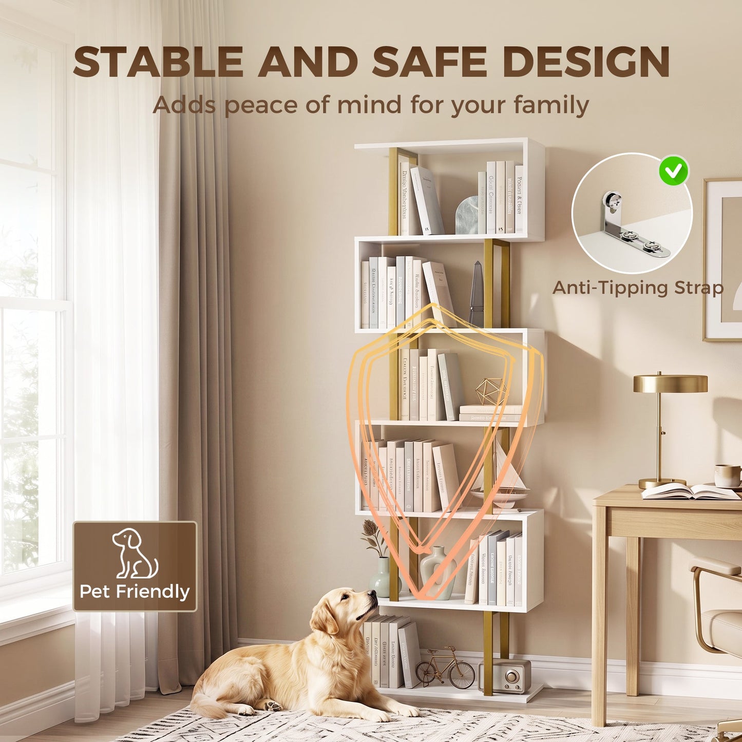 S-Shaped Bookshelf, 6-Tier Bookcase, Freestanding Storage Shelves with Anti-Tip Strap for Study, Living Room, White