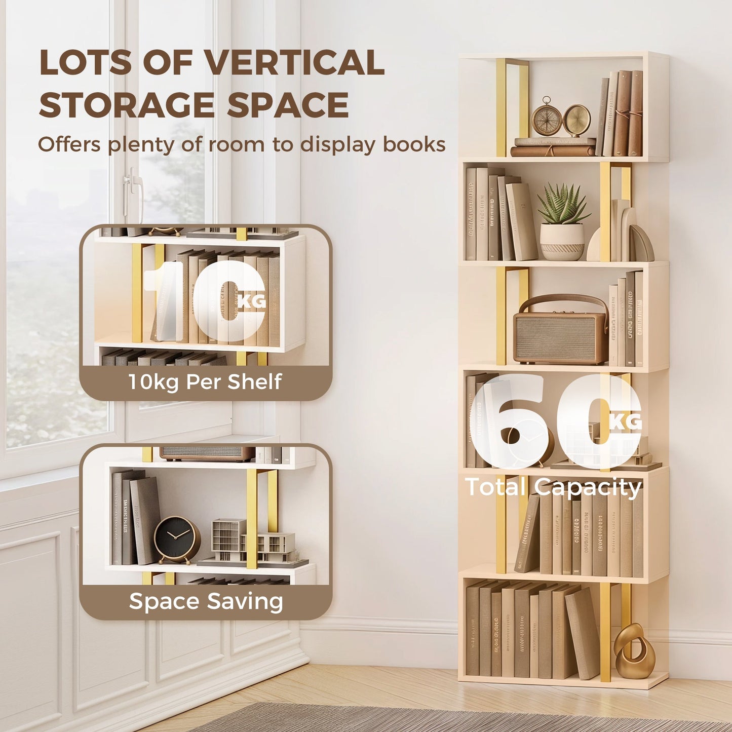 S-Shaped Bookshelf, 6-Tier Bookcase, Freestanding Storage Shelves with Anti-Tip Strap for Study, Living Room, White