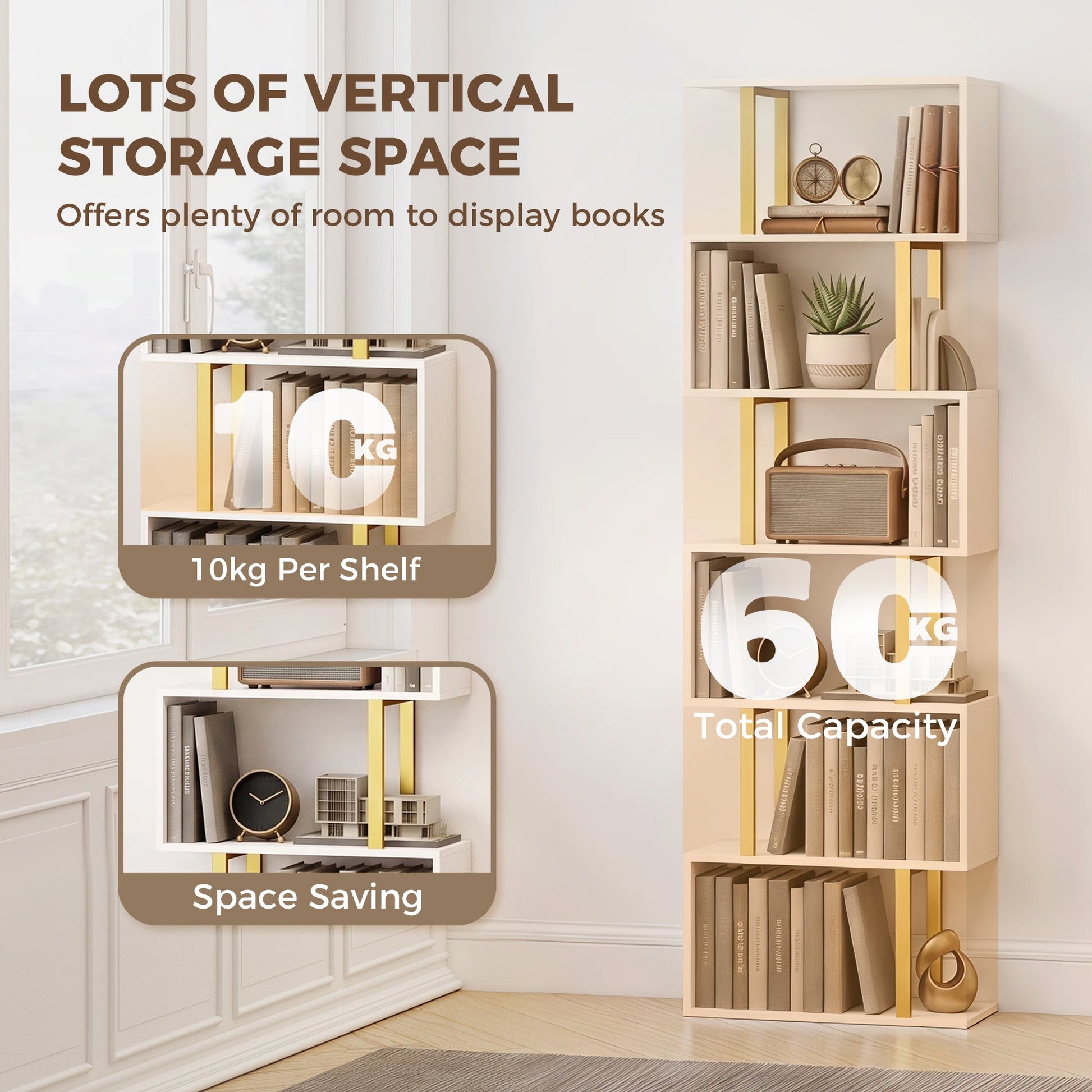 S-Shaped Bookshelf, 6-Tier Bookcase, Freestanding Storage Shelves with Anti-Tip Strap for Study, Living Room, White