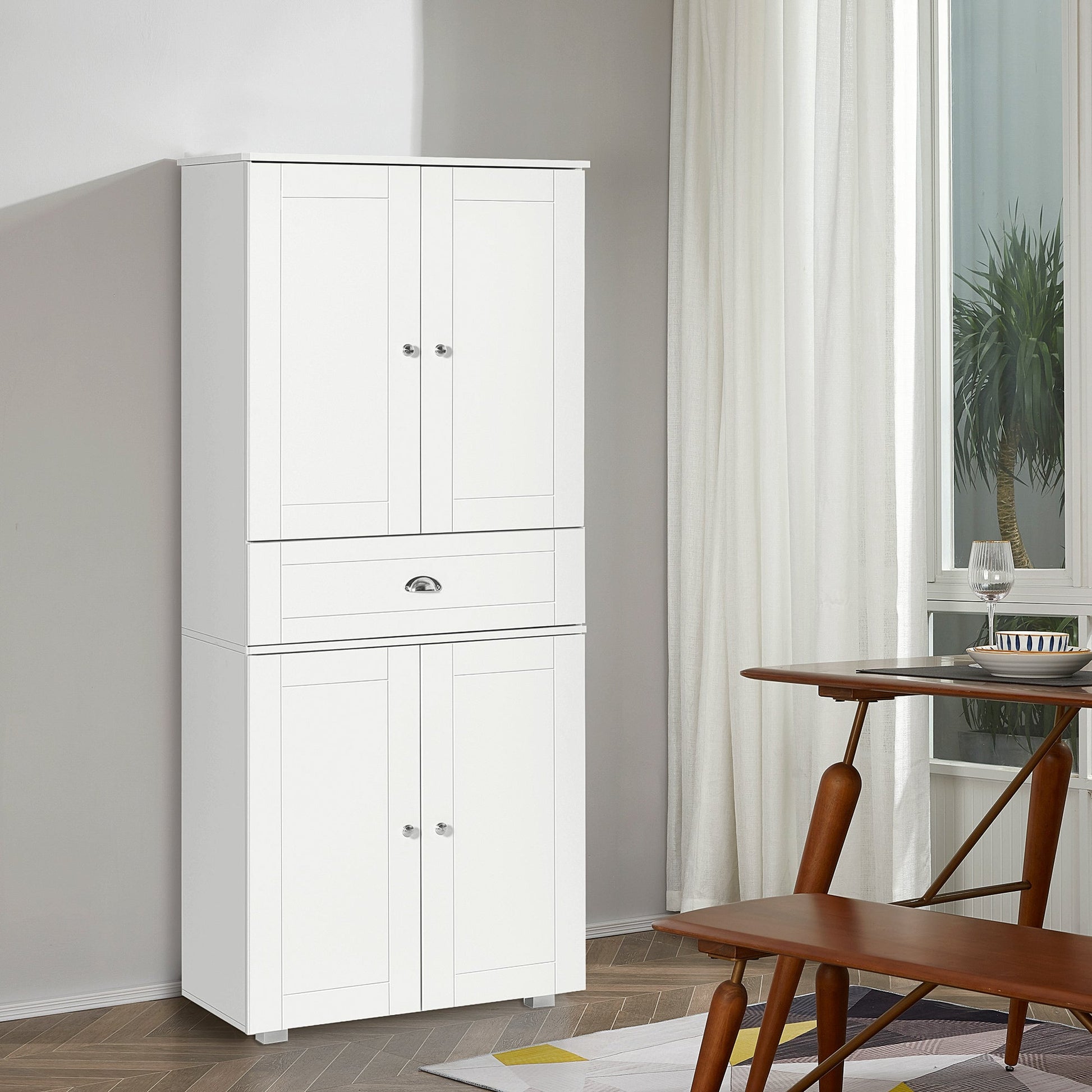 184cm Tall Kitchen Cupboard, Freestanding Kitchen Pantry Storage Cabinet with 4 Doors, 3 Adjustable Shelves, Drawer, Anti-tipping Device, Sideboard Organiser for Dining Room, Living Room, White