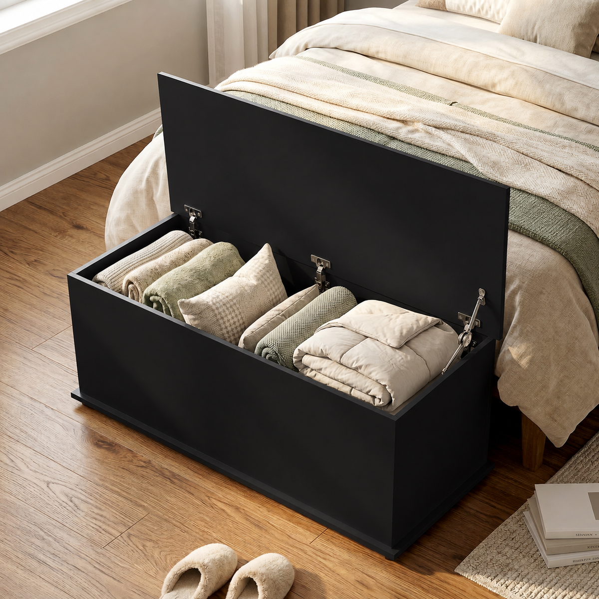 113L Storage Chest with Flip-Top Lid and 2 Safety Hinges for Living Room, Entryway, Black