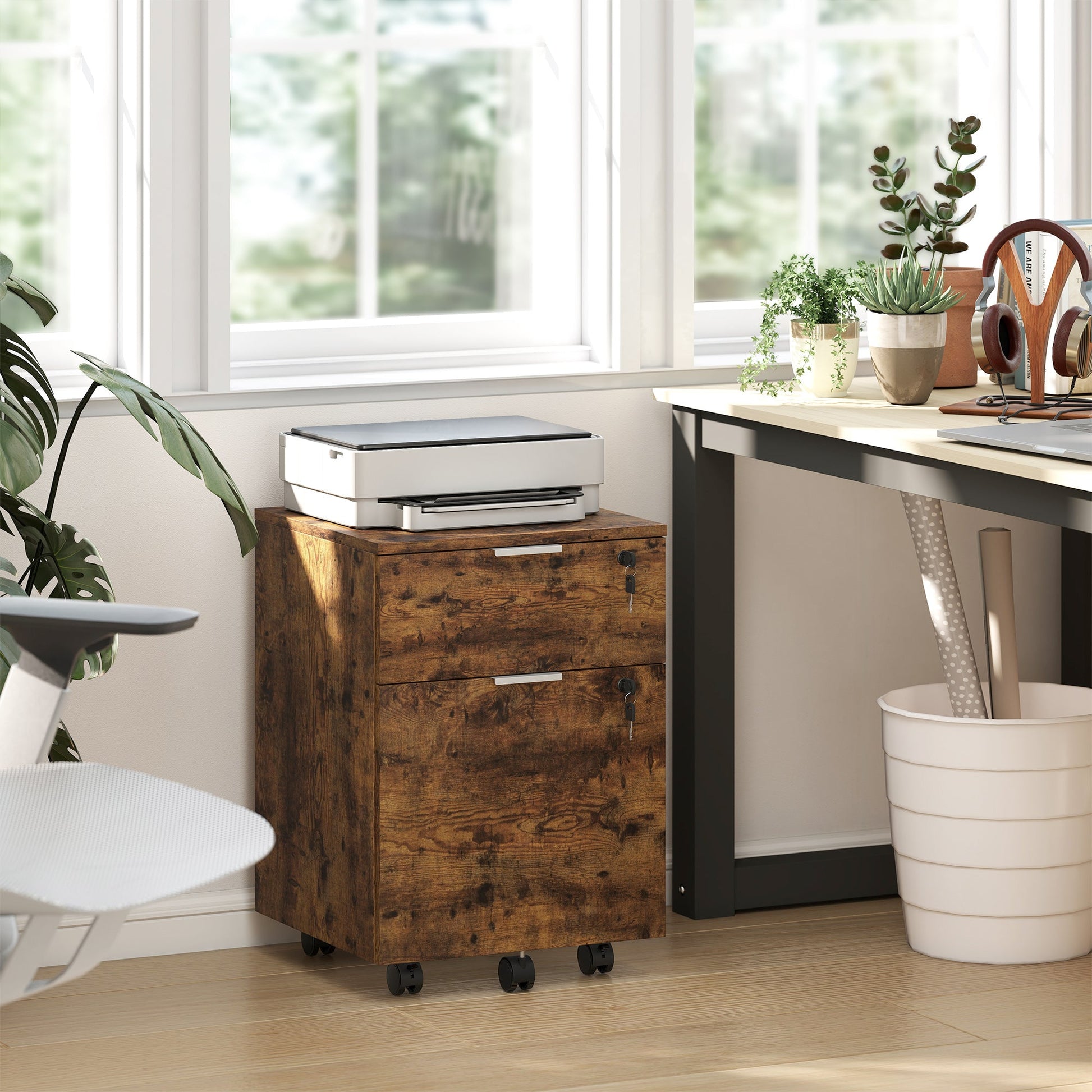 Mobile File Cabinet with Wheels and Lock, 2 Drawer Under Desk Office Cabinet, Adjustable A4 and Letter Hanging Bars, Black and Rustic Brown