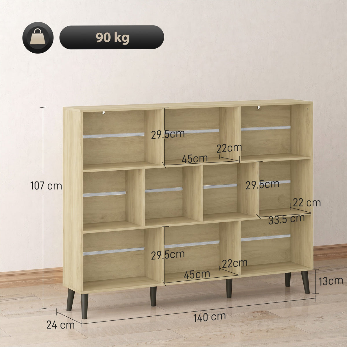10-Cube Bookshelf, 3-Tier Bookcase with Solid Wood Legs, 140 cm Modern Freestanding Book Shelf with Anti-Tip Kit for Bedroom Living Room Study Office, Oak