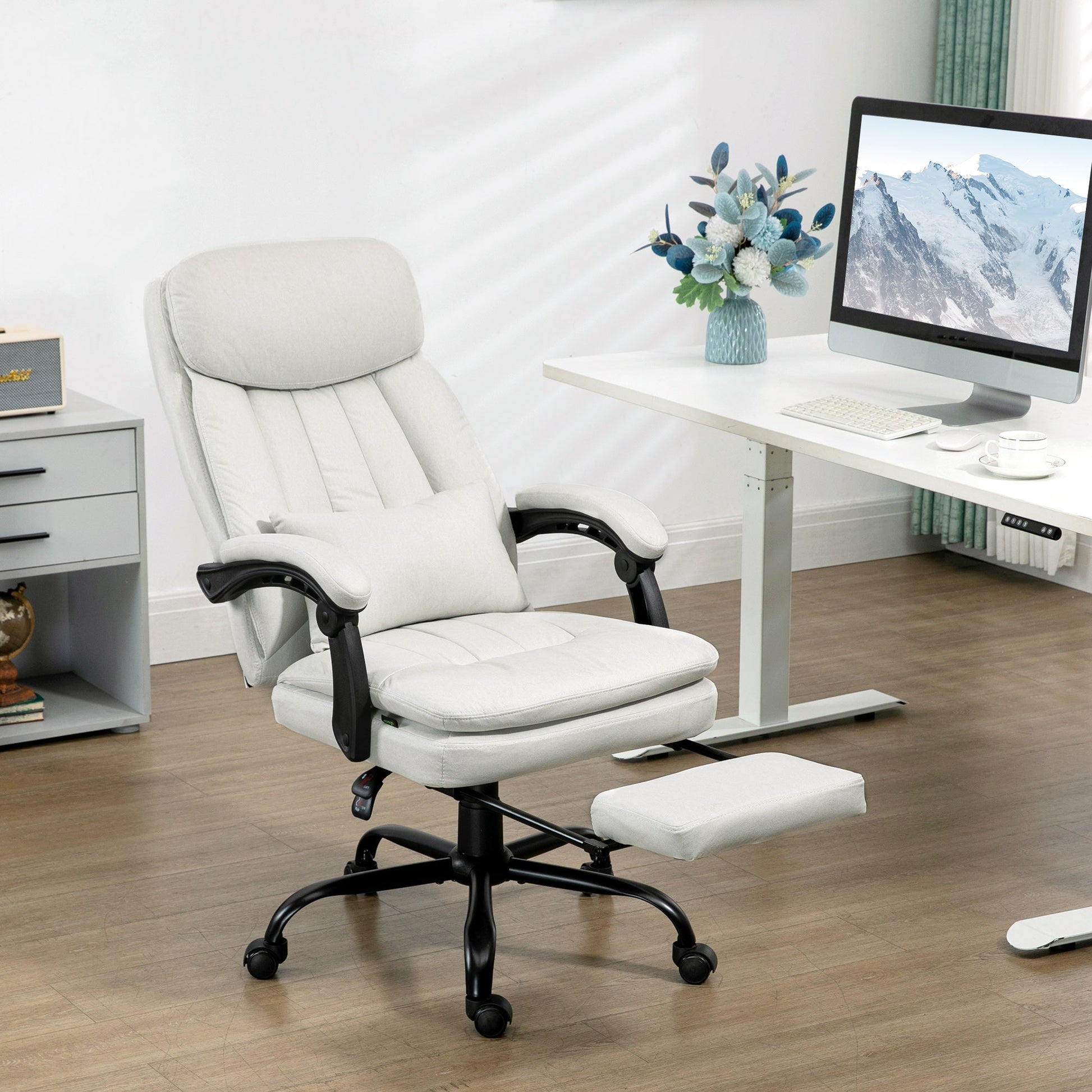 Vinsetto Office Chair, Ergonomic Desk Chair with 6-Point Vibration Massage and Lumbar Heating, Computer Chair with Lumbar Support Pillow, 155° Reclining Back and Footrest, Cream White