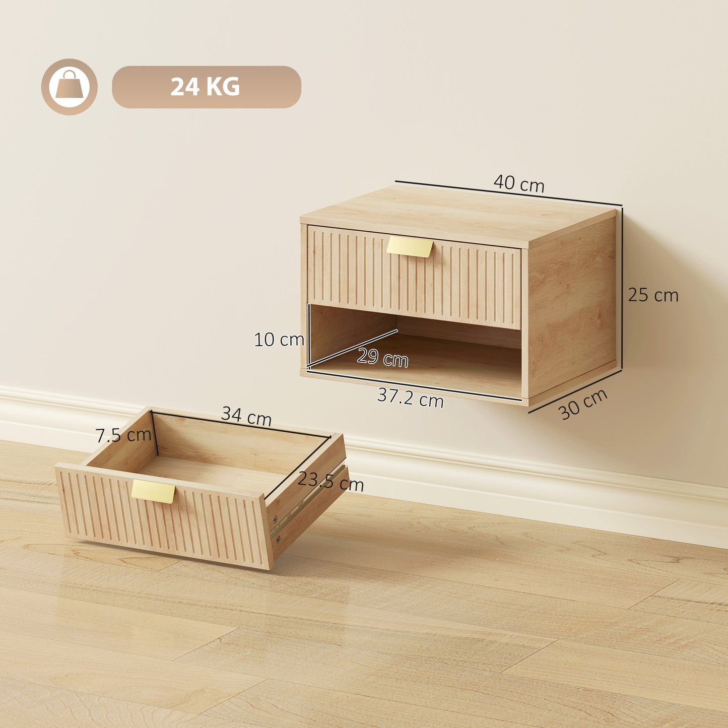 Floating Bedside Tables Set of 2, Wall Mounted Nightstands with Fluted Drawer and Open Shelf for Small Bedroom, Modern Bedside Table, 40 x 30 x 25 cm, Oak