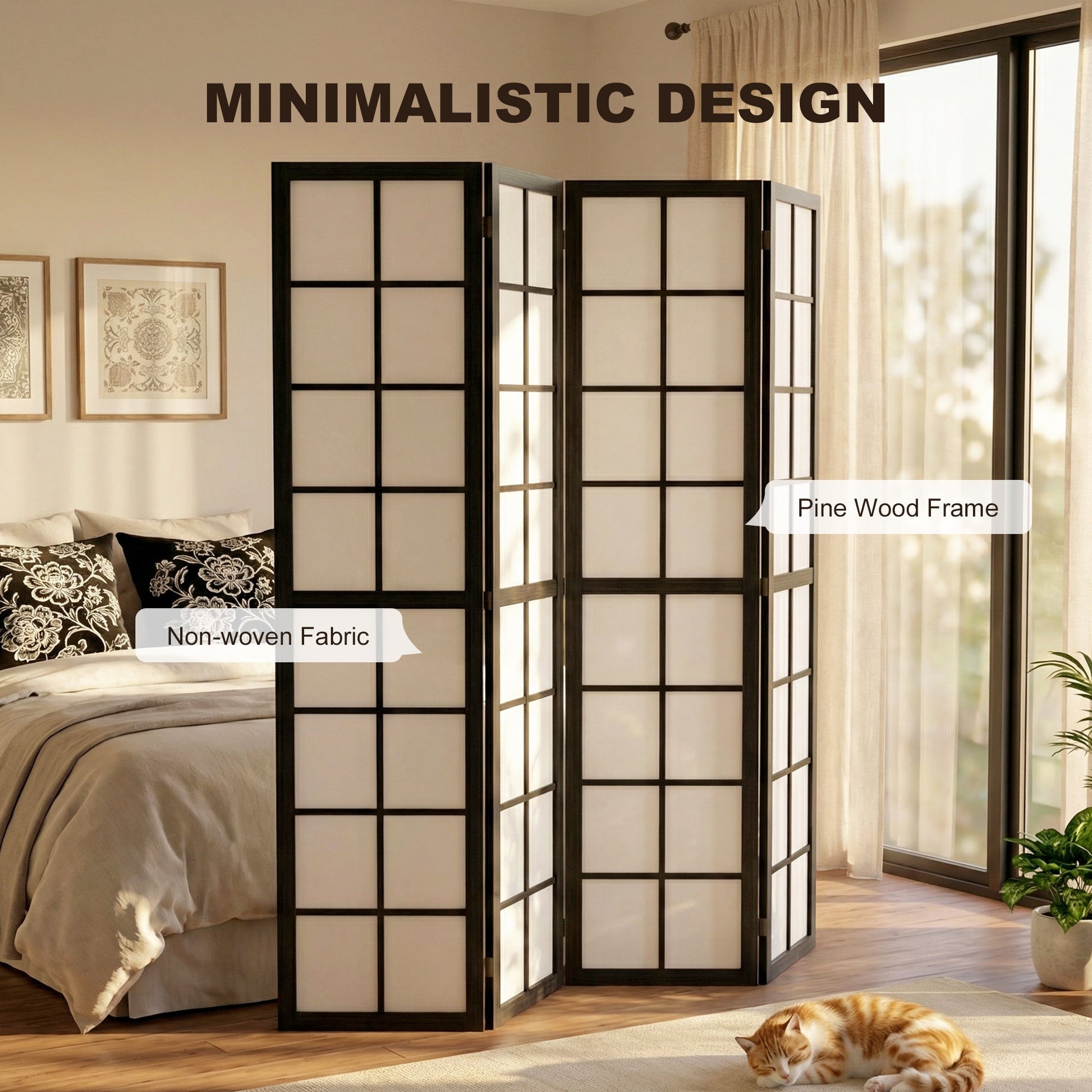 4 Panel Folding Room Divider, Freestanding Privacy Screen, Indoor Room Partition for Living Room, Bedroom and Office, 160 x 170cm