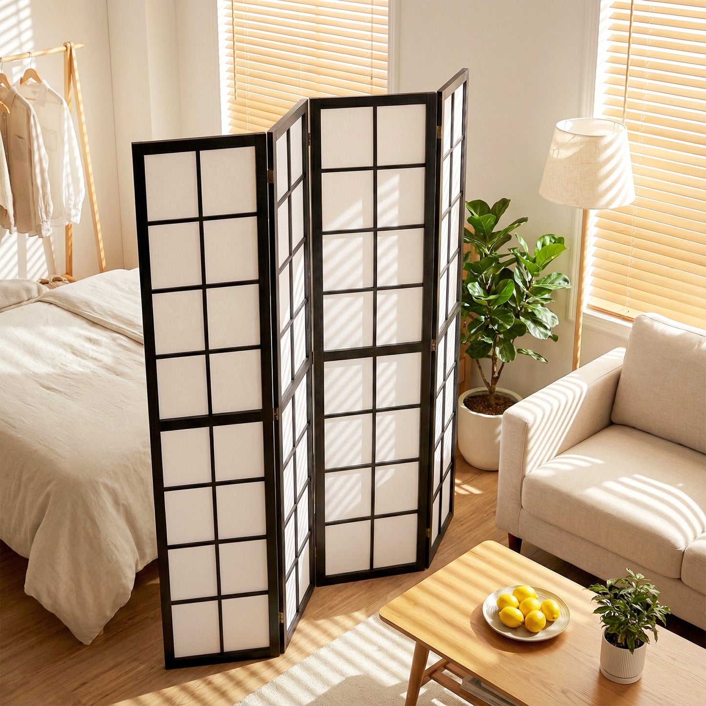 4 Panel Folding Room Divider, Freestanding Privacy Screen, Indoor Room Partition for Living Room, Bedroom and Office, 160 x 170cm