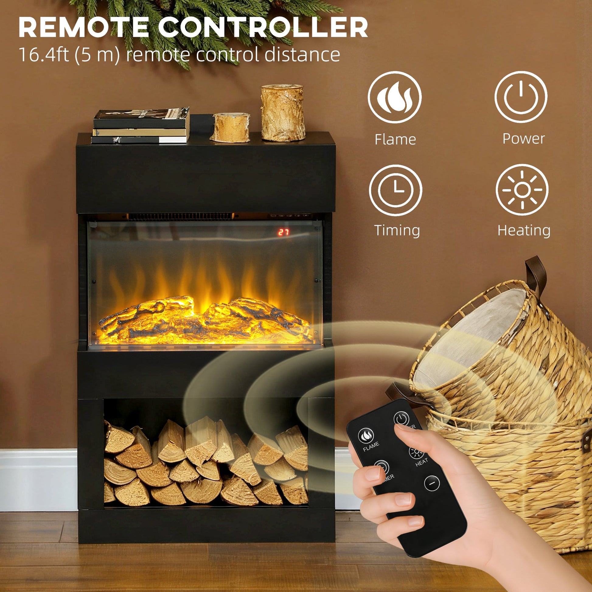 19" Electric Fireplace with Surround, 3D Flame Effect, 6 Colours & 3 Brightness Levels, 1000W/2000W Black Electric Fire and Mantel Reach up to 30㎡ Space with Remote & Timer, 3 Sided View