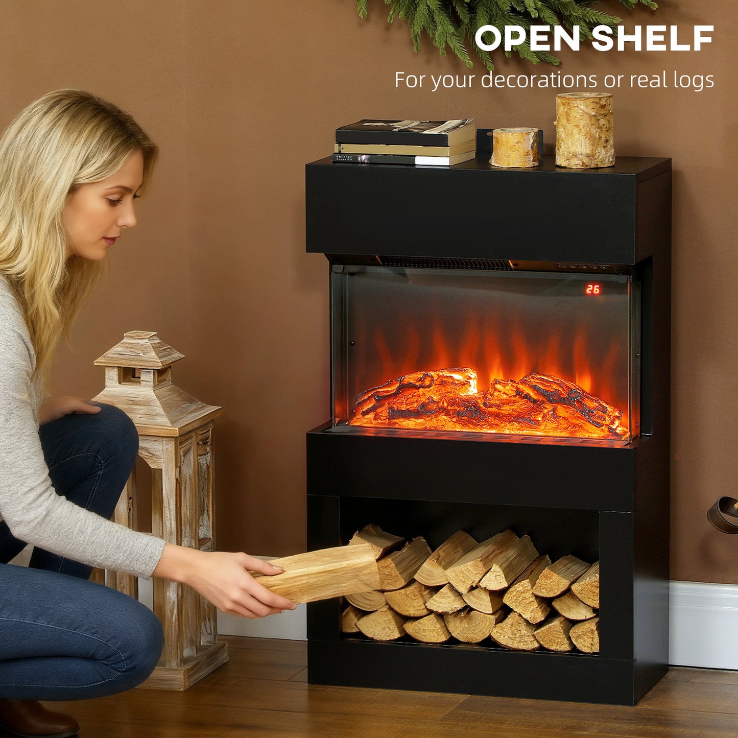 19" Electric Fireplace with Surround, 3D Flame Effect, 6 Colours & 3 Brightness Levels, 1000W/2000W Black Electric Fire and Mantel Reach up to 30㎡ Space with Remote & Timer, 3 Sided View
