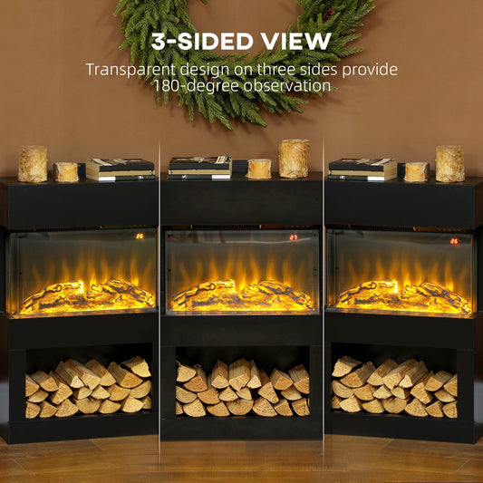 19" Electric Fireplace with Surround, 3D Flame Effect, 6 Colours & 3 Brightness Levels, 1000W/2000W Black Electric Fire and Mantel Reach up to 30㎡ Space with Remote & Timer, 3 Sided View