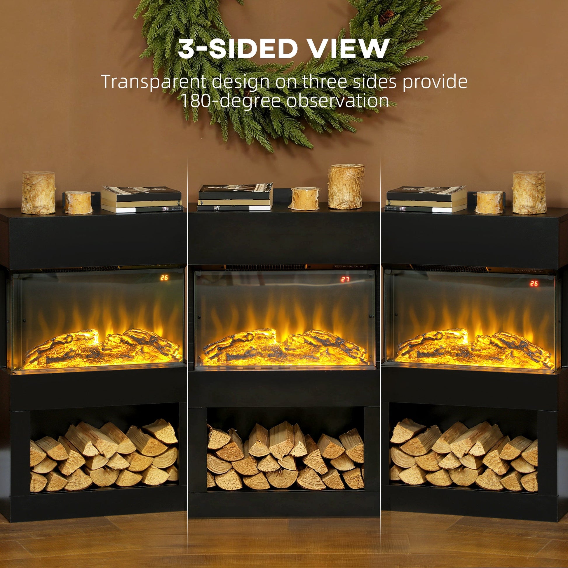 19" Electric Fireplace with Surround, 3D Flame Effect, 6 Colours & 3 Brightness Levels, 1000W/2000W Black Electric Fire and Mantel Reach up to 30㎡ Space with Remote & Timer, 3 Sided View