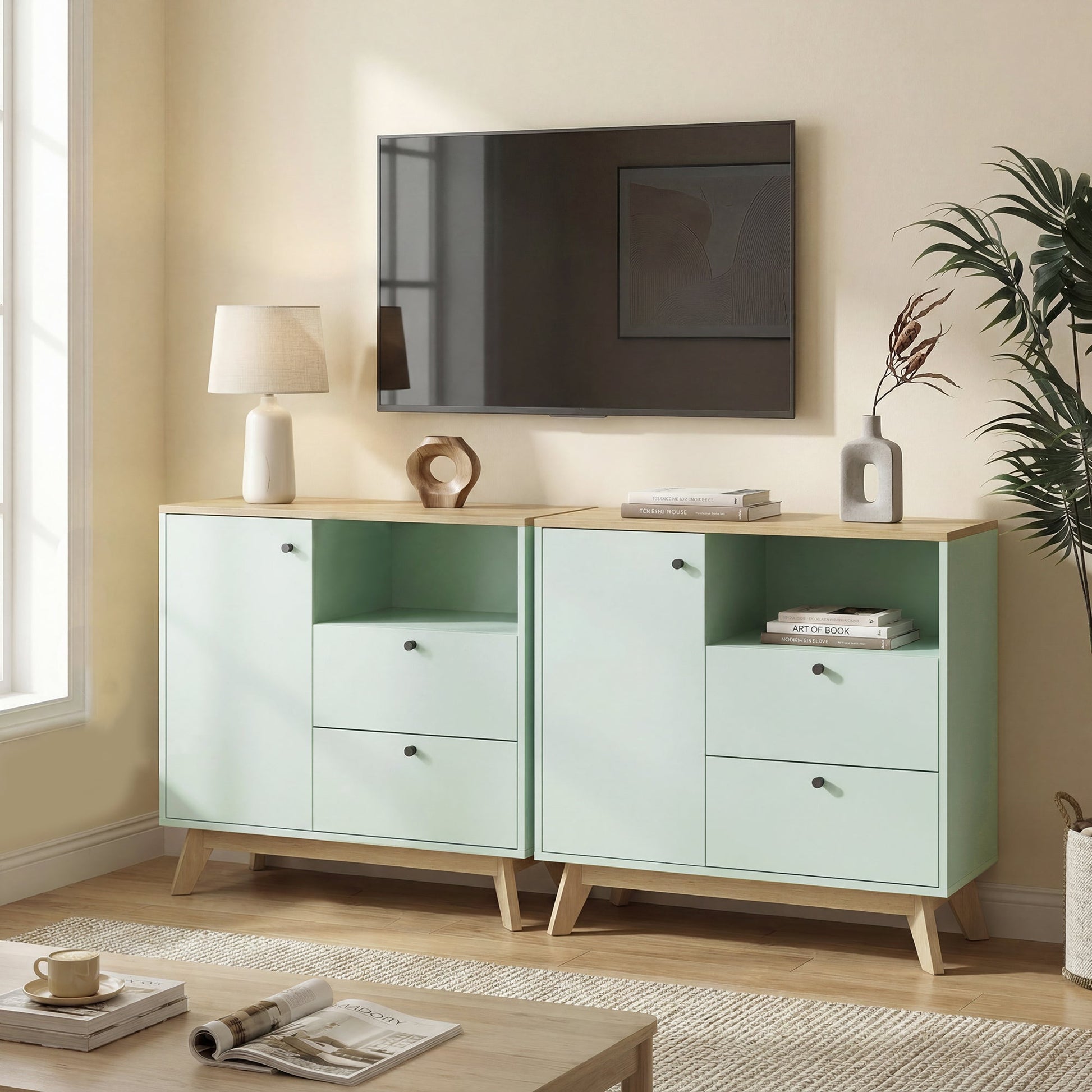 Sideboard Storage Cabinet, 80 cm Modern Buffet Cabinet with Door, 2 Drawers, Open Compartment and Adjustable Shelf for Living Room, Dining Room, Kitchen, Light Green and Oak