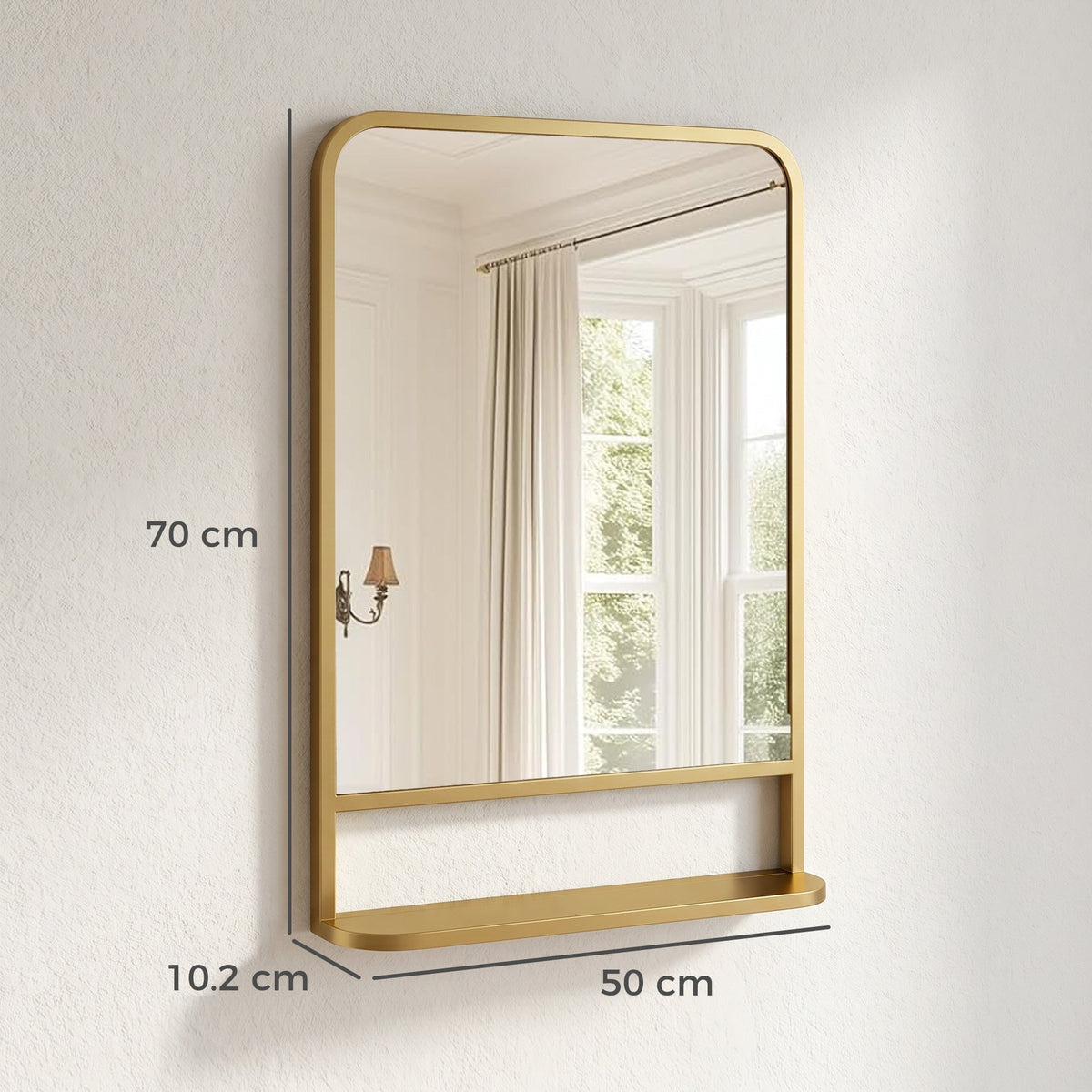 Modern Rectangular Wall Mirror with Storage Shelf, 70 x 50 cm Mirror for Living Room, Bedroom, Gold Tone