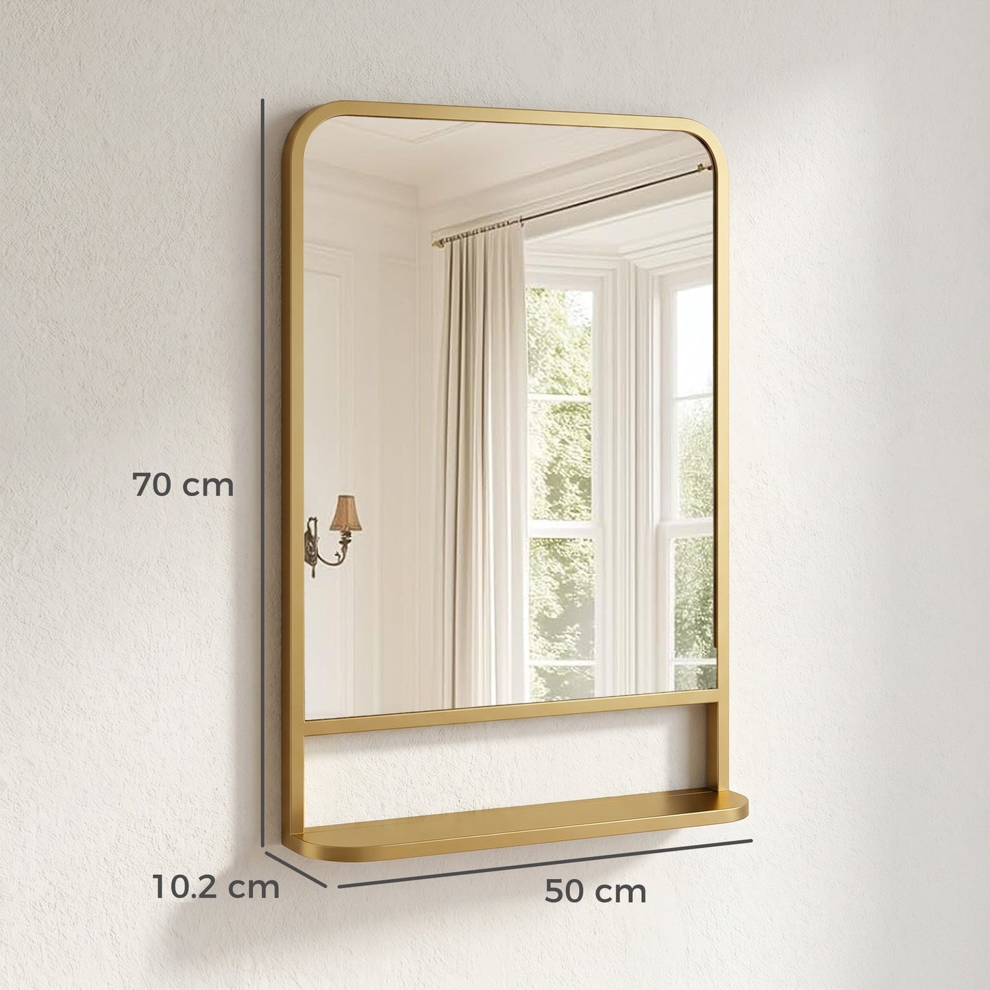 Modern Rectangular Wall Mirror with Storage Shelf, 70 x 50 cm Mirror for Living Room, Bedroom, Gold Tone
