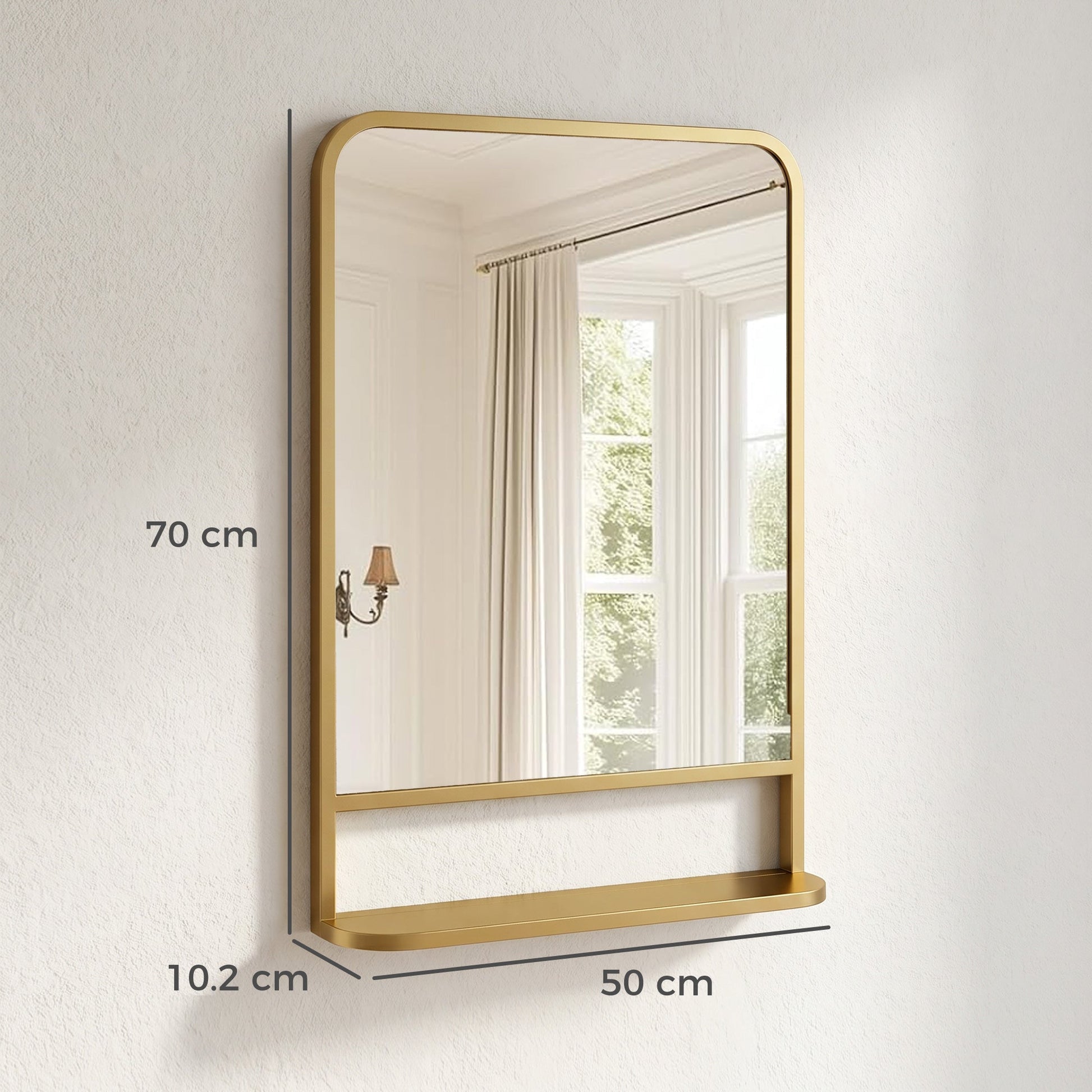 Modern Rectangular Wall Mirror with Storage Shelf, 70 x 50 cm Mirror for Living Room, Bedroom, Gold Tone