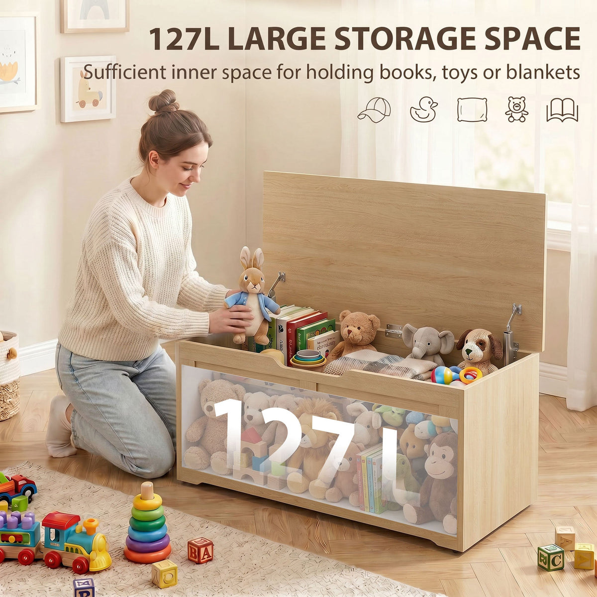 127L Storage Chest, Shoe Storage Trunk Bench Box with 2 Safety Hinges and U-shaped Cut-out Pull, Blanket Box Ottoman for Bedroom, Living Room, Entryway, 100 x 40 x 45 cm, Nature Wood Finish
