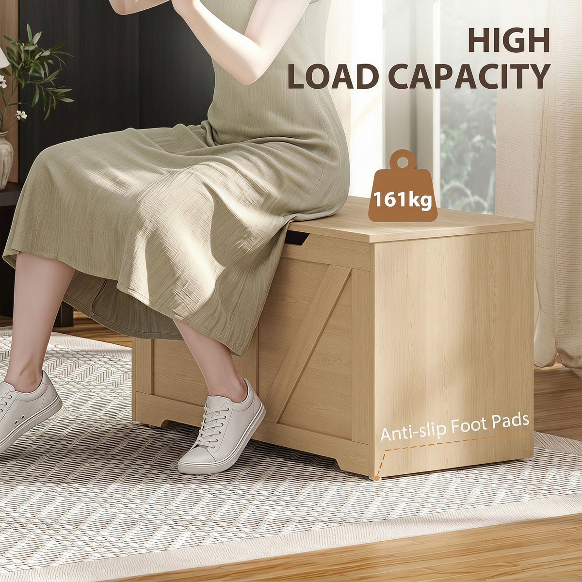127L Storage Chest, Shoe Storage Trunk Bench Box with 2 Safety Hinges and U-shaped Cut-out Pull, Blanket Box Ottoman for Bedroom, Living Room, Entryway, 100 x 40 x 45 cm, Nature Wood Finish