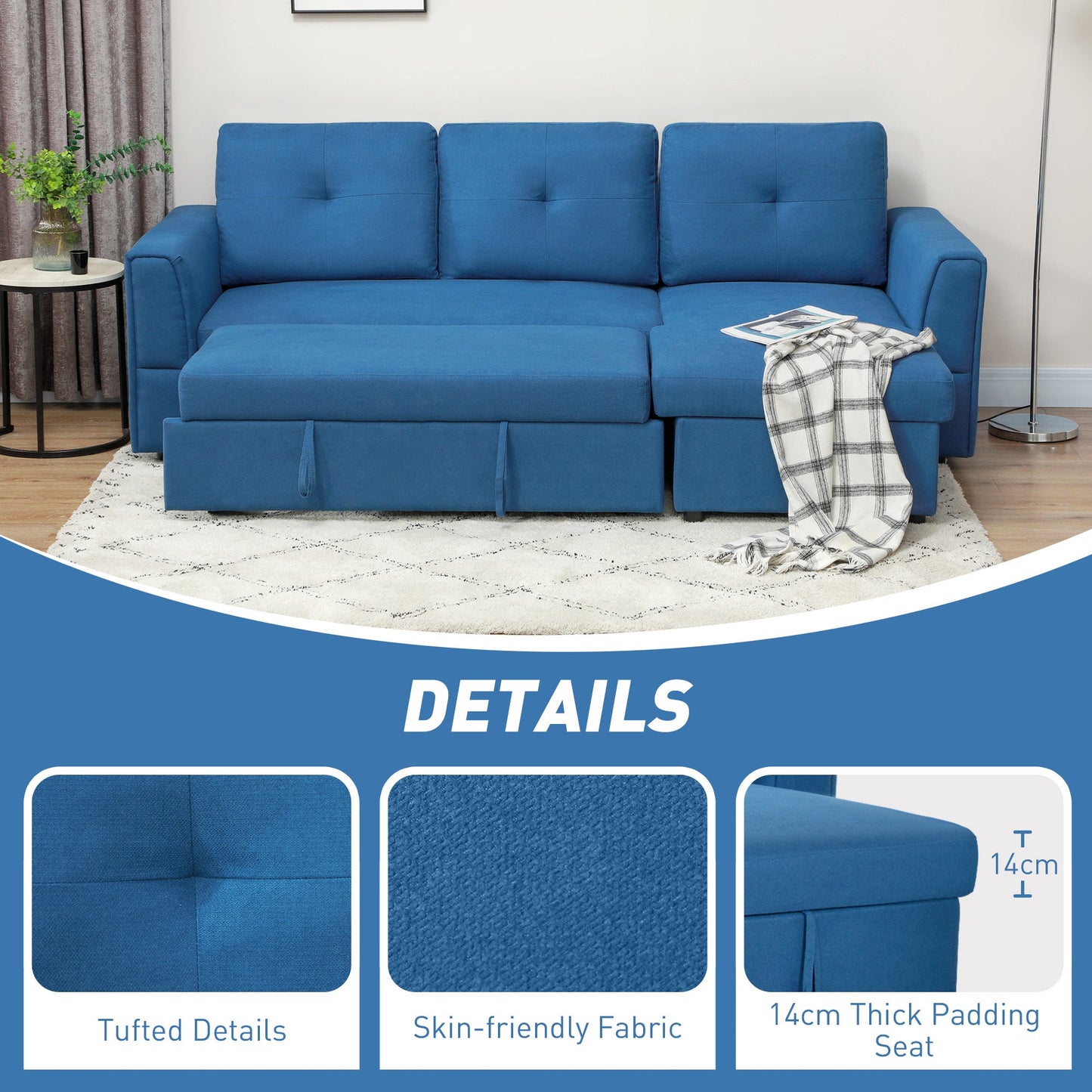 HOMCOM 3 Seater Sofa Bed, L-Shaped Corner Sofa, Pull Out Sofa with Storage, Convertible Click Clack Settee Sectional Sleeper Futon for Living Room, Office, Dark Blue