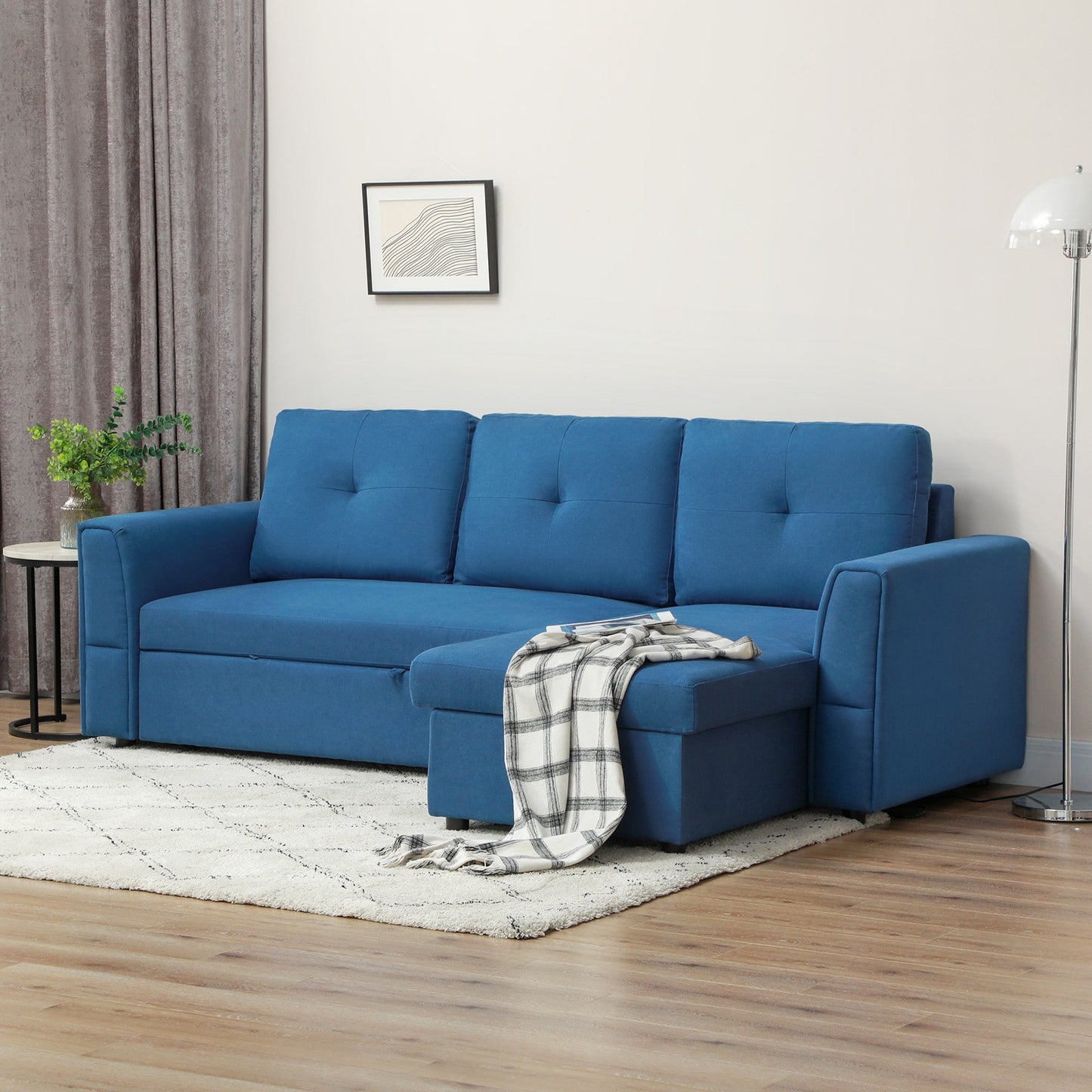 HOMCOM 3 Seater Sofa Bed, L-Shaped Corner Sofa, Pull Out Sofa with Storage, Convertible Click Clack Settee Sectional Sleeper Futon for Living Room, Office, Dark Blue