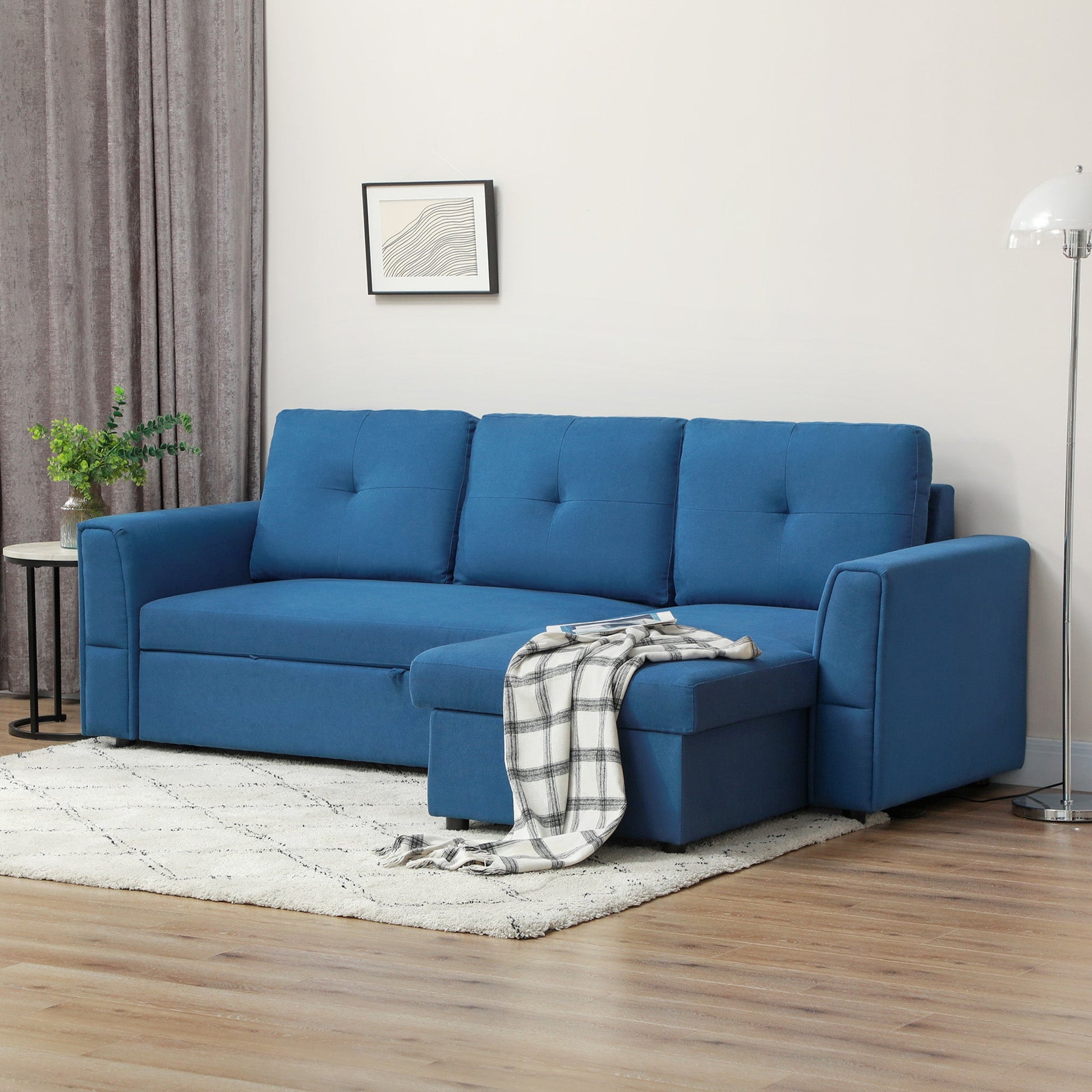 HOMCOM 3 Seater Sofa Bed, L-Shaped Corner Sofa, Pull Out Sofa with Storage, Convertible Click Clack Settee Sectional Sleeper Futon for Living Room, Office, Dark Blue