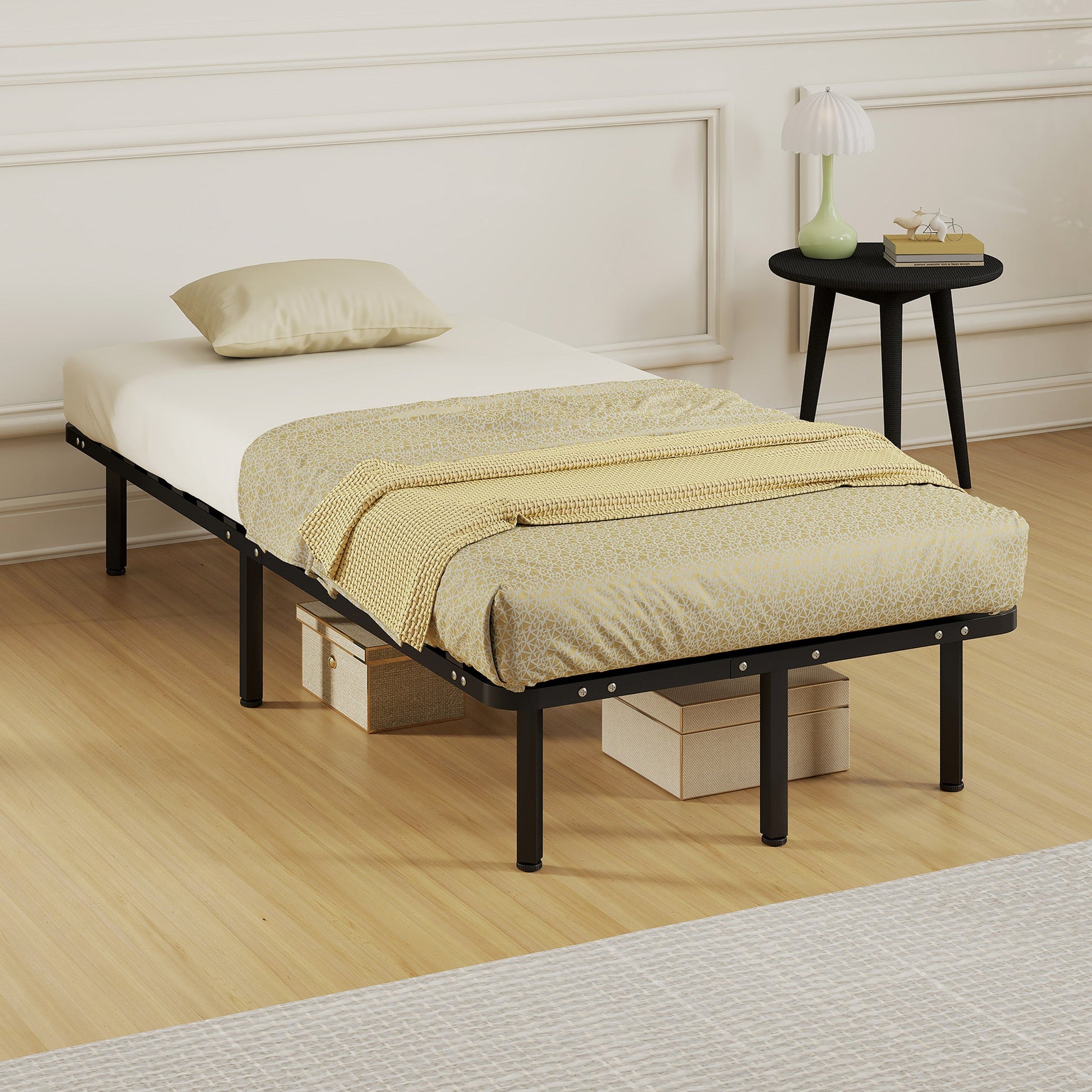 3ft Single Bed Frame, Metal Platform Bed Frame with 2 x 14 Wood Slats, No Box Spring Needed, Underbed Storage, Easy to Assemble, Black