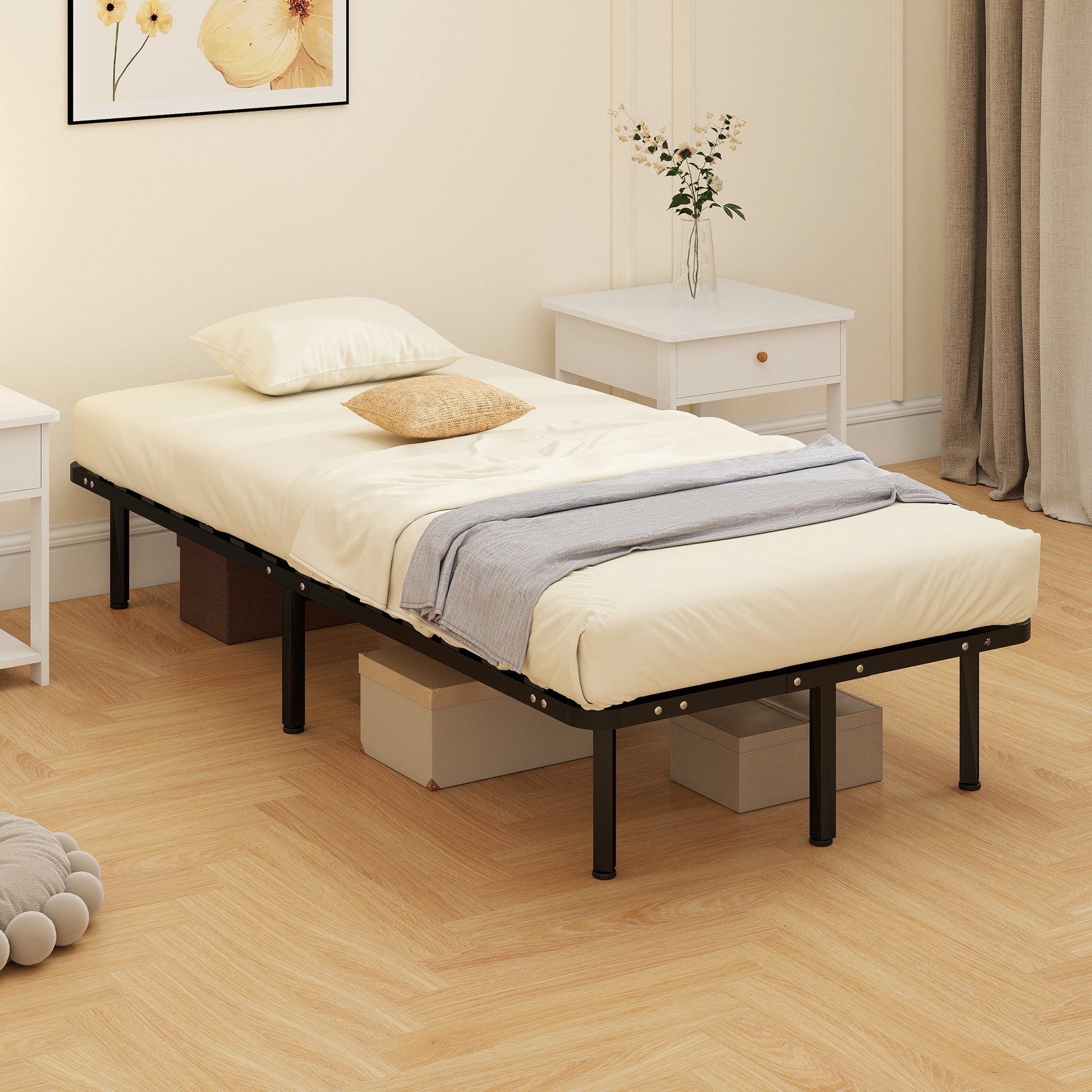 3ft Single Bed Frame, Metal Platform Bed Frame with 2 x 14 Wood Slats, No Box Spring Needed, Underbed Storage, Easy to Assemble, Black