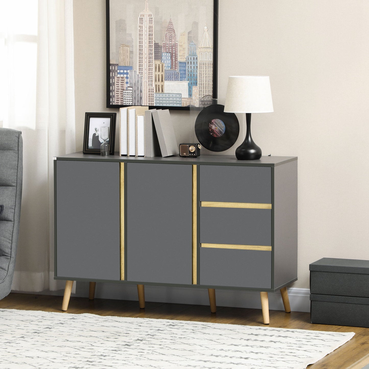 HOMCOM Sideboard, Modern Kitchen Cupboard with Double Doors and 3 Drawers, Adjustable Shelves for Living Dining Room, Dark Grey