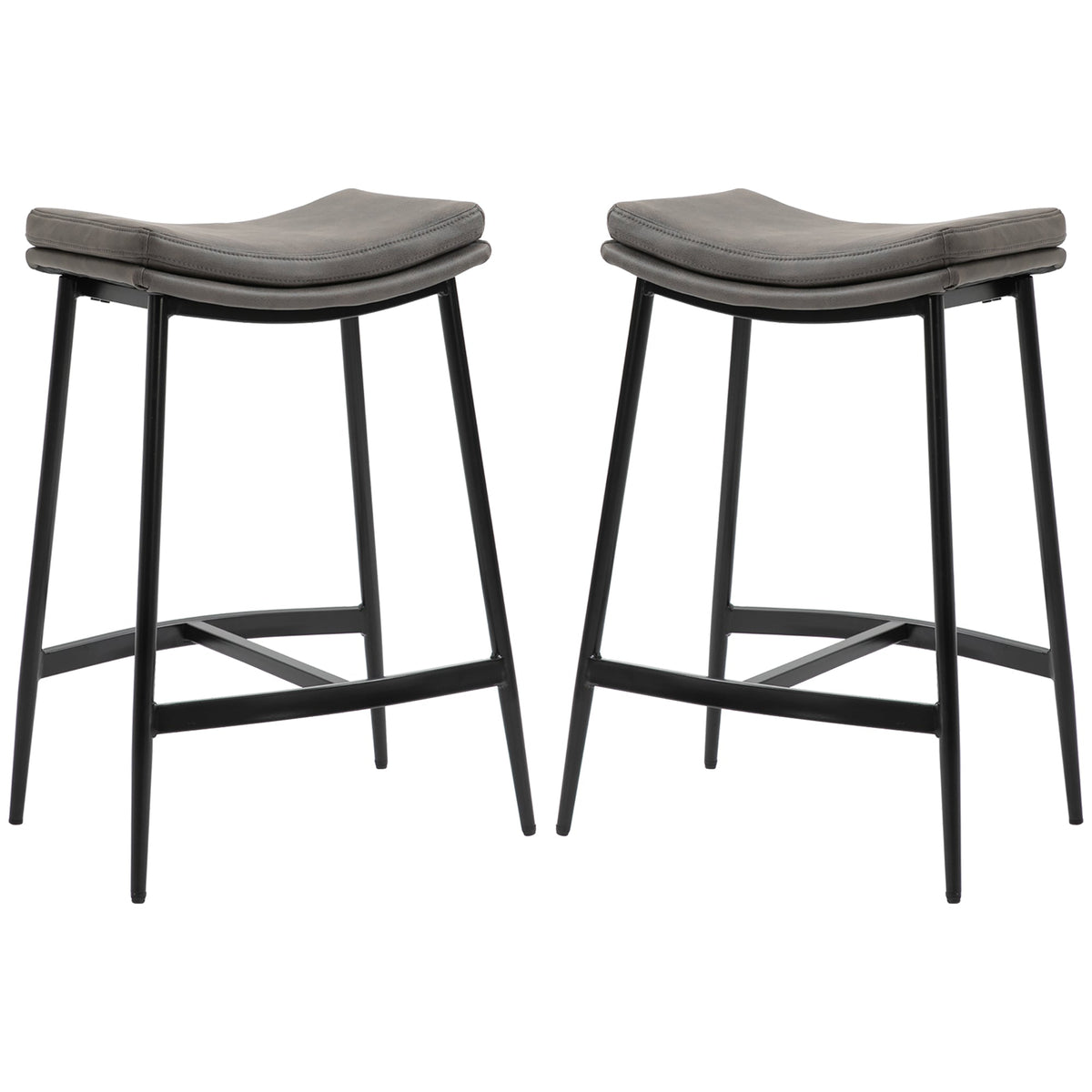 HOMCOM Breakfast Bar Stools Set of 2, Microfibre Upholstered Barstools, Industrial Bar Chairs with Curved Seat and Steel Frame for Dining Room, Kitchen, Grey