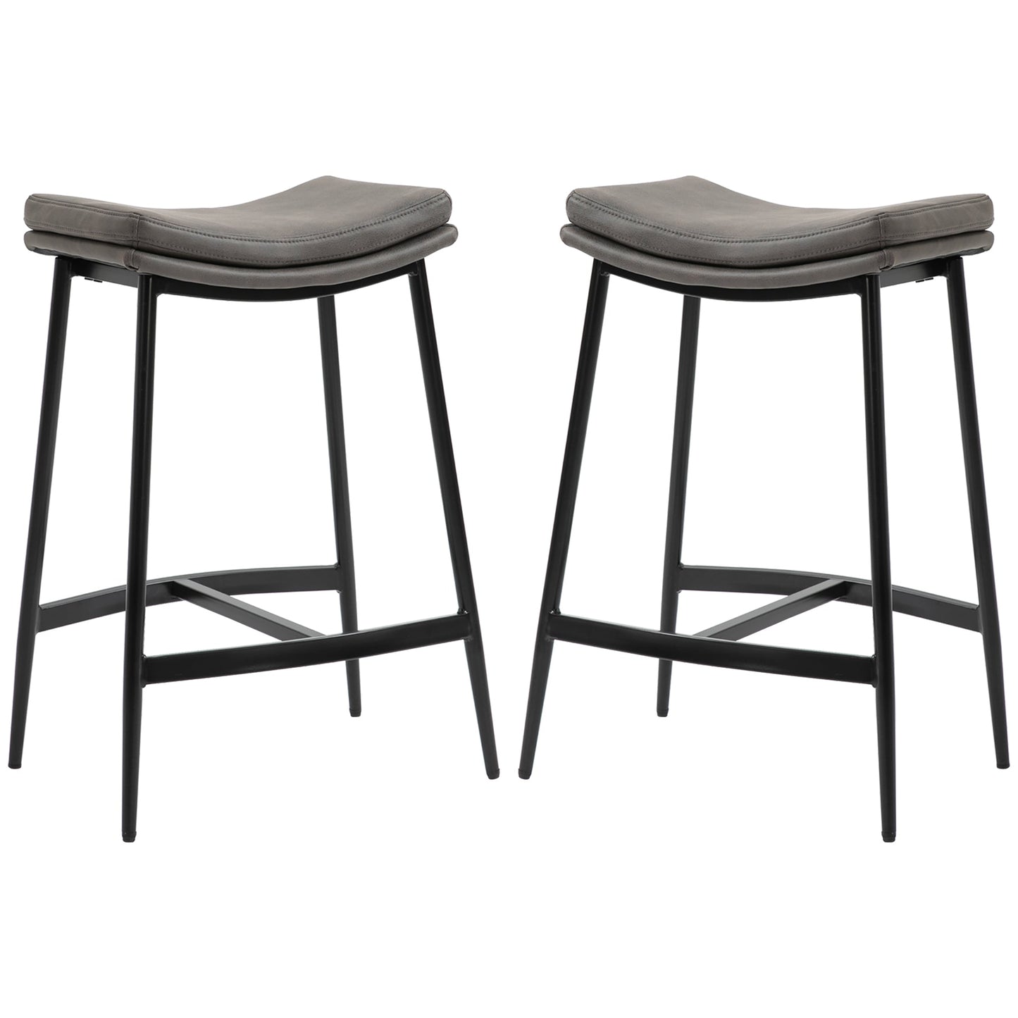 HOMCOM Breakfast Bar Stools Set of 2, Microfibre Upholstered Barstools, Industrial Bar Chairs with Curved Seat and Steel Frame for Dining Room, Kitchen, Grey