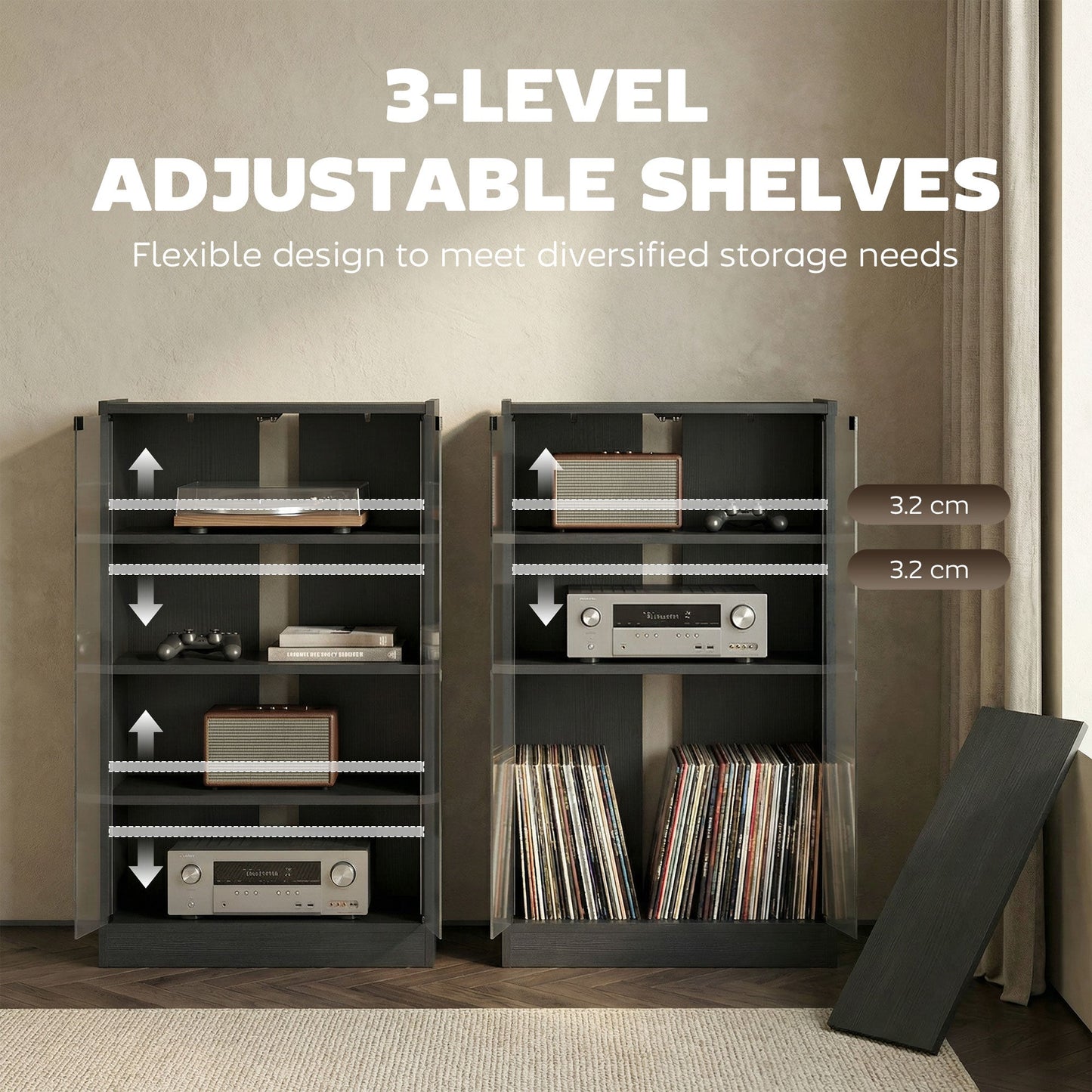 Record Player Stand with Storage, 4-Tier Hi-Fi Stand, Media Cabinet with Adjustable Shelves, Push-to-Open Glass Doors and Cable Management for Music Room and Living Room, Black Wood-Effect
