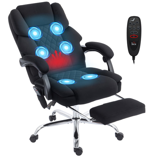 Office Chair with 6-point Vibration Massage and Heat, Velvet-feel Fabric Desk Chair with Footrest, Linkage Armrests, High Back, Adjustable Height, 135° Reclining for Home Office, Black