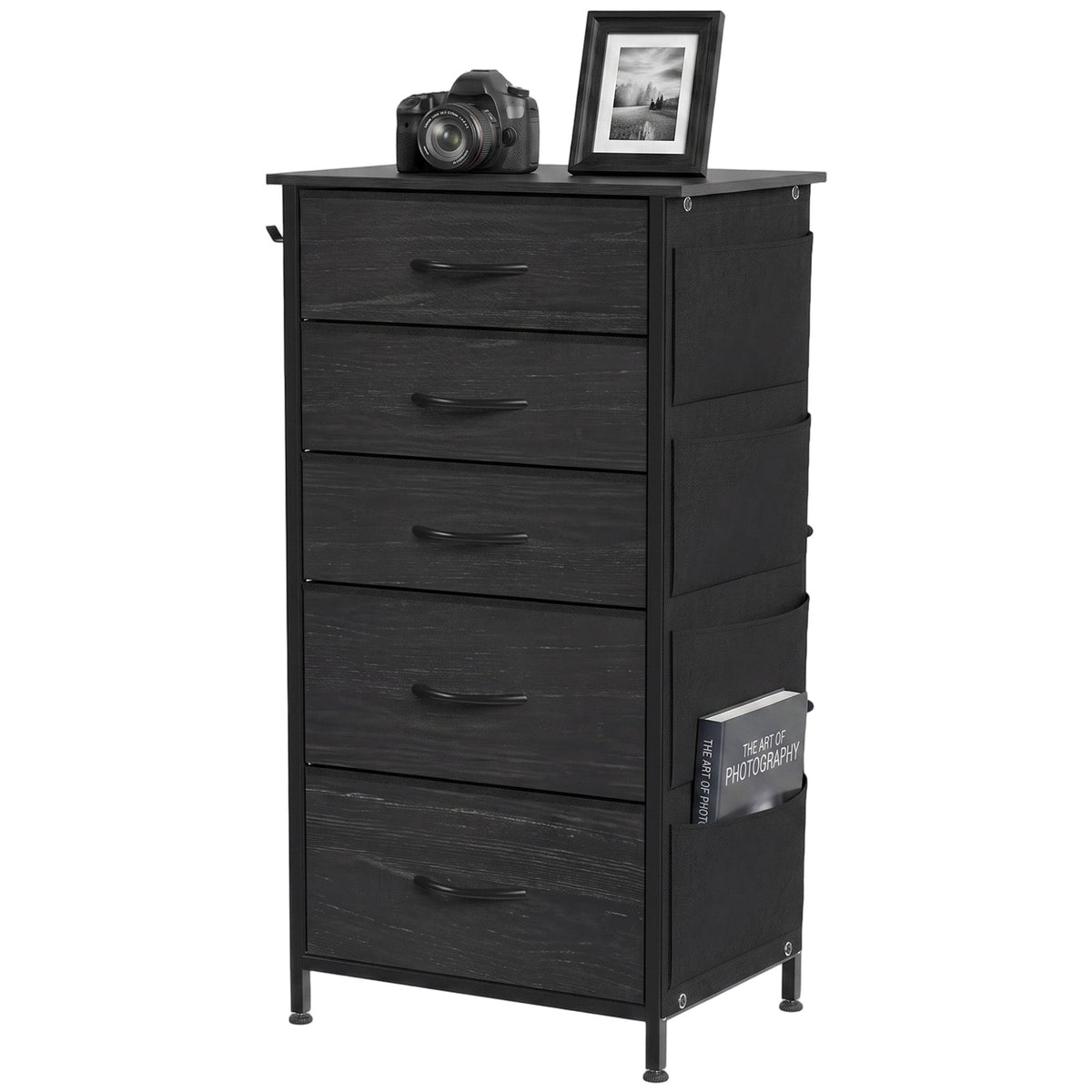 Chest of Drawers, Dresser for Bedroom with 5 Fabric Drawers, Tall Storage Unit with 4 Pockets, 2 Hooks and Steel Frame for Living Room, Hallway, Black