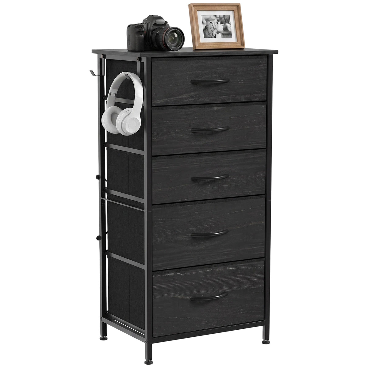 Chest of Drawers, Dresser for Bedroom with 5 Fabric Drawers, Tall Storage Unit with 4 Pockets, 2 Hooks and Steel Frame for Living Room, Hallway, Black