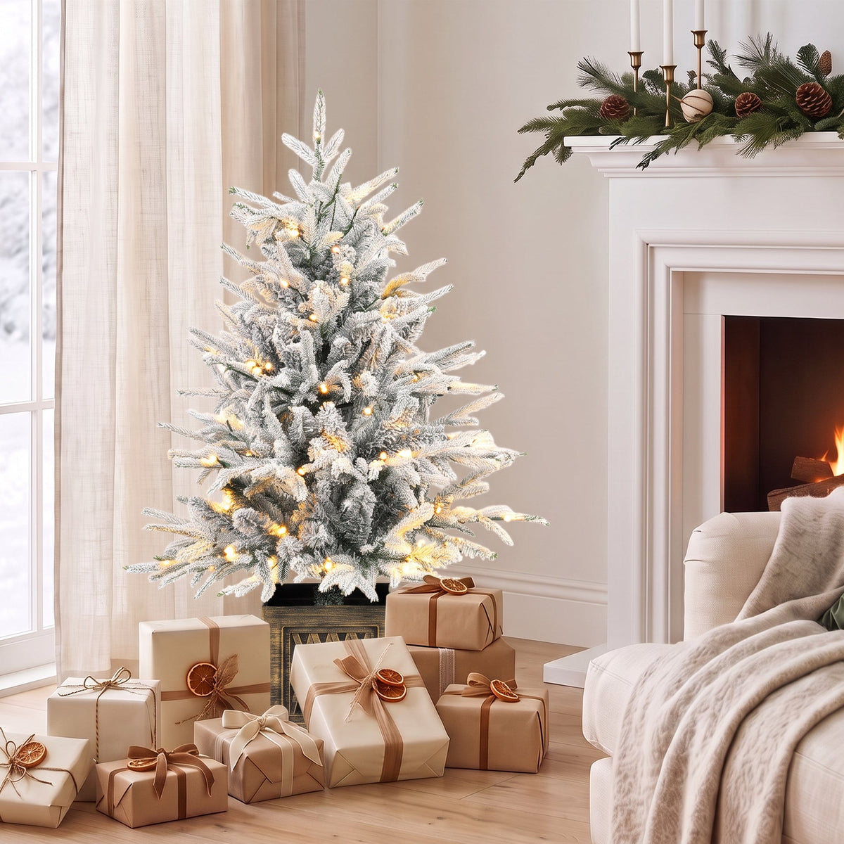 90 cm Prelit Flocked Christmas Tree, Artificial Table Christmas Tree with 70 Warm White LED Lights, 488 Tips, Base Stand, Green White