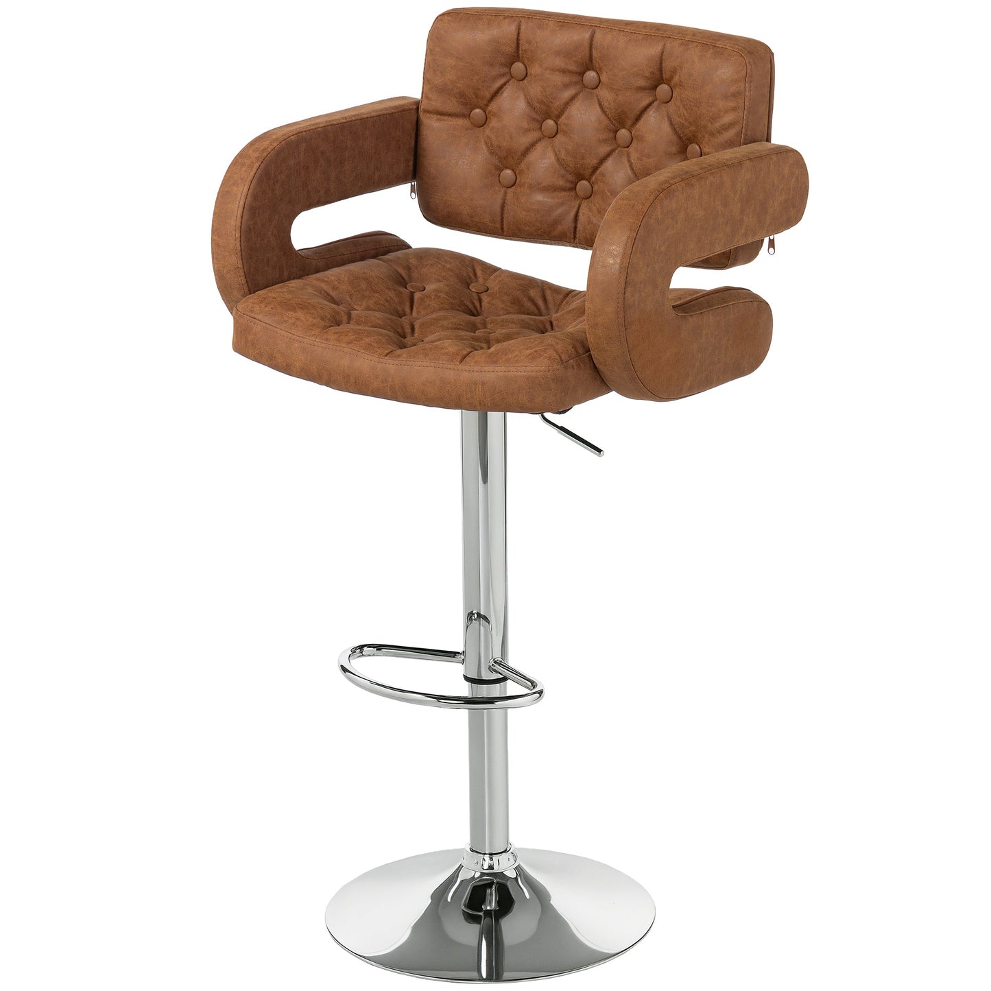 Swivel Bar Stool with Extra Large Seat, PU Leather Upholstered Adjustable Barstool with Back, Arm and Footrest, Breakfast Bar Chair for Bistro, Kitchen, Brown