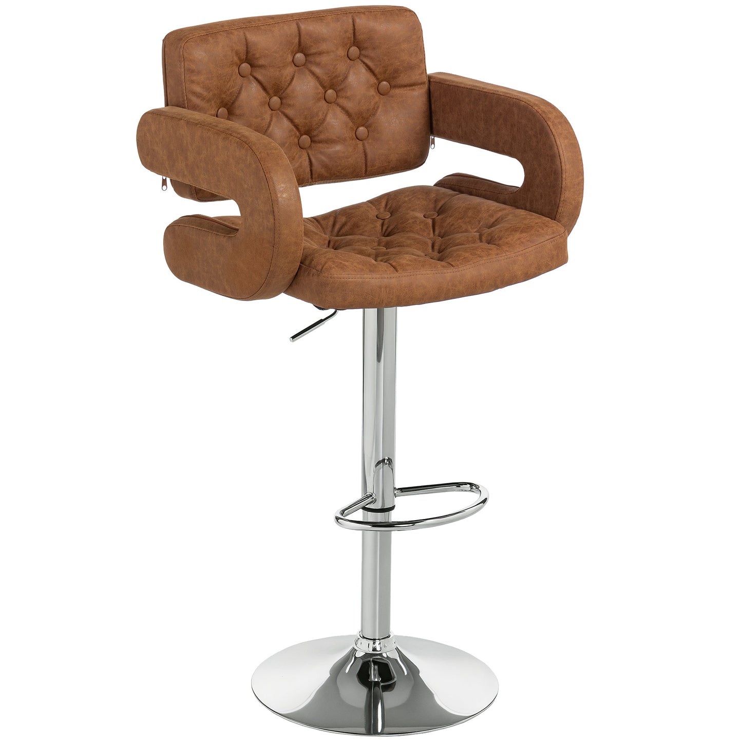 Swivel Bar Stool with Extra Large Seat, PU Leather Upholstered Adjustable Barstool with Back, Arm and Footrest, Breakfast Bar Chair for Bistro, Kitchen, Brown