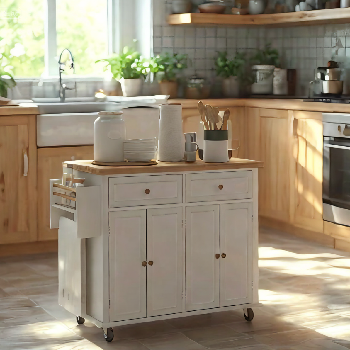 GlideSpace Rolling Kitchen Island, Storage Trolley with Rubberwood Tabletop  for Dining Room, White - HOMCOM