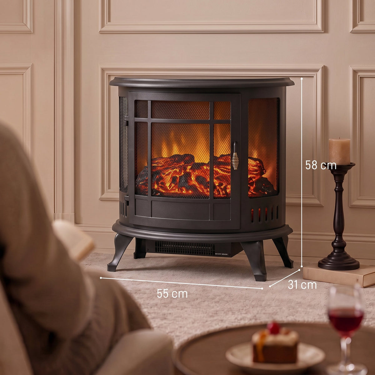 3-Sided Electric Fireplace Stove, 2000W Freestanding Log Burner, Portable Electric Fire Fan Heater with LED Flame Effect, Adjustable Thermostat, Overheat Protection, Black