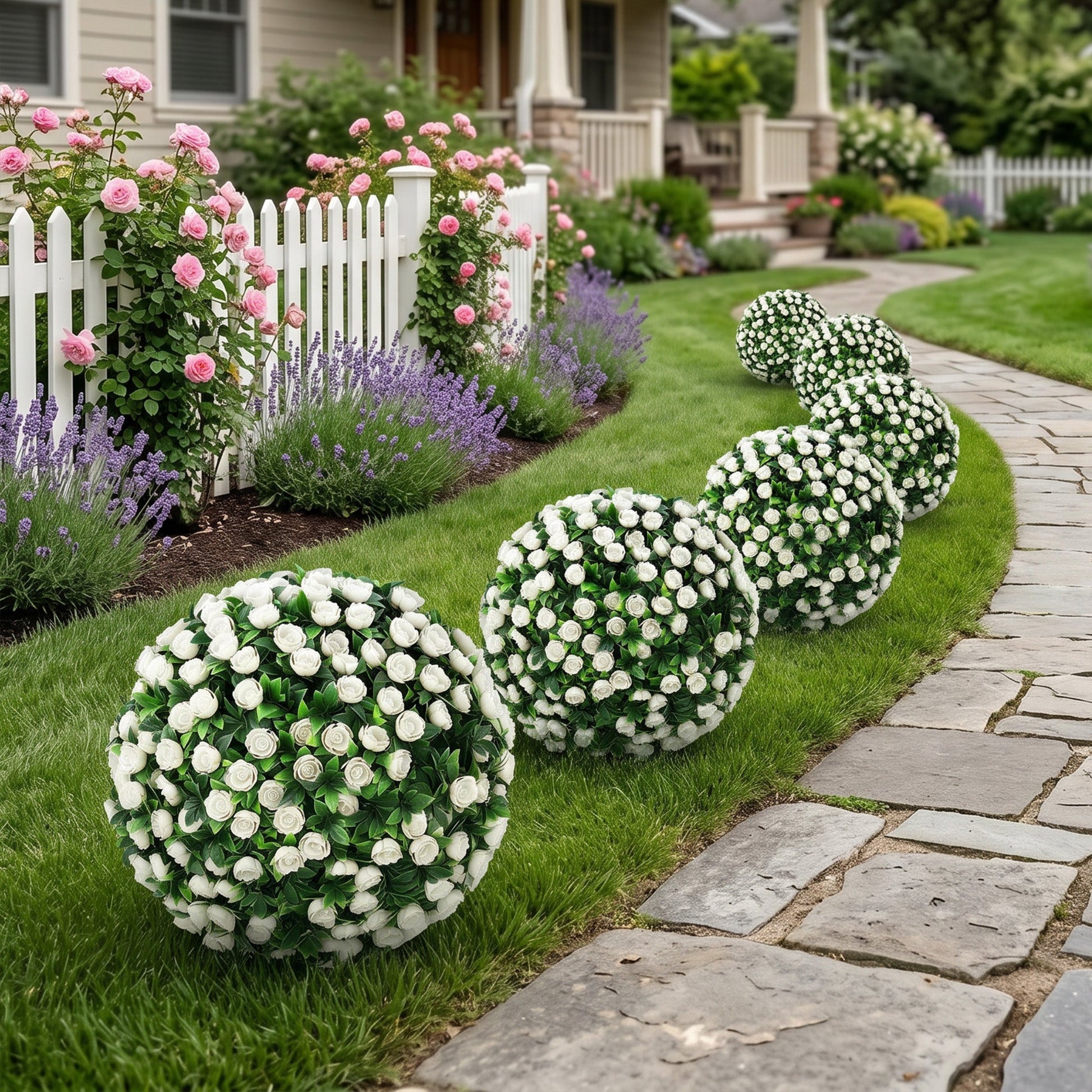 Set of 2 55 cm Artificial Rose Topiary with Ground Stake, UV-Resistant Fake Plants with 306 Roses and Leaves for Indoor Outdoor Home Office Garden Decor, White